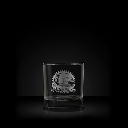 engraved whisky glass featuring a lambretta sx200 scooter design