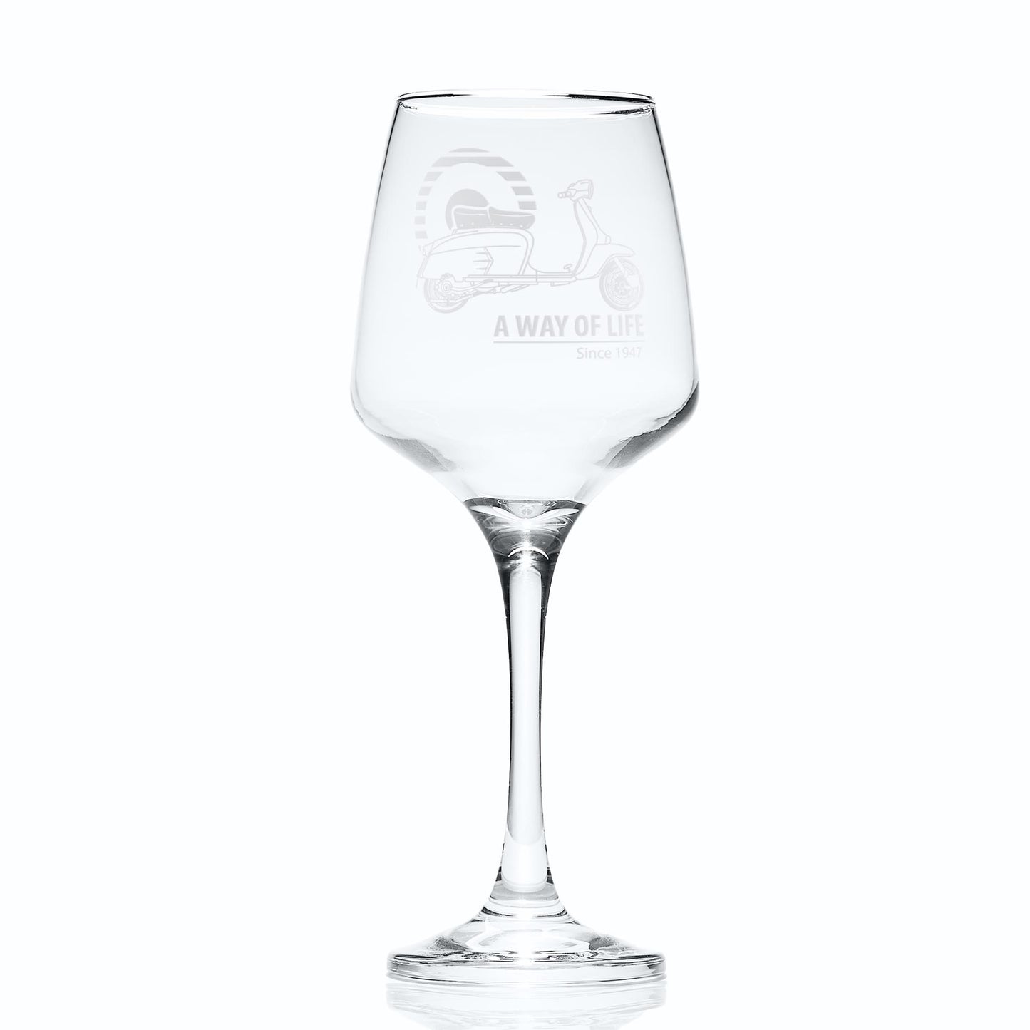 Wine glass engraved with Lambretta SX200 scooter and Mod target, photographed on white background