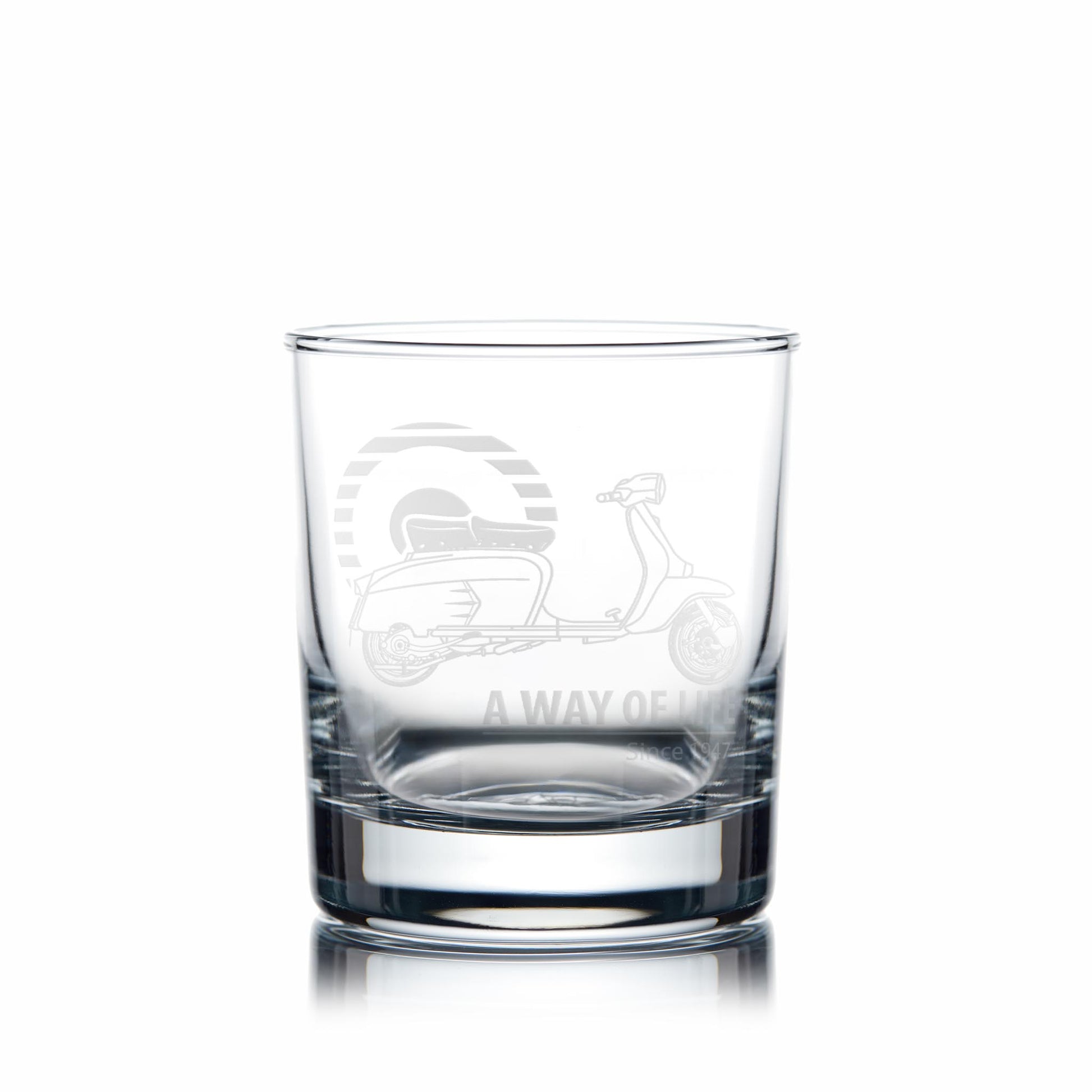 Clear glass with engraved design of a vintage scooter on a white background