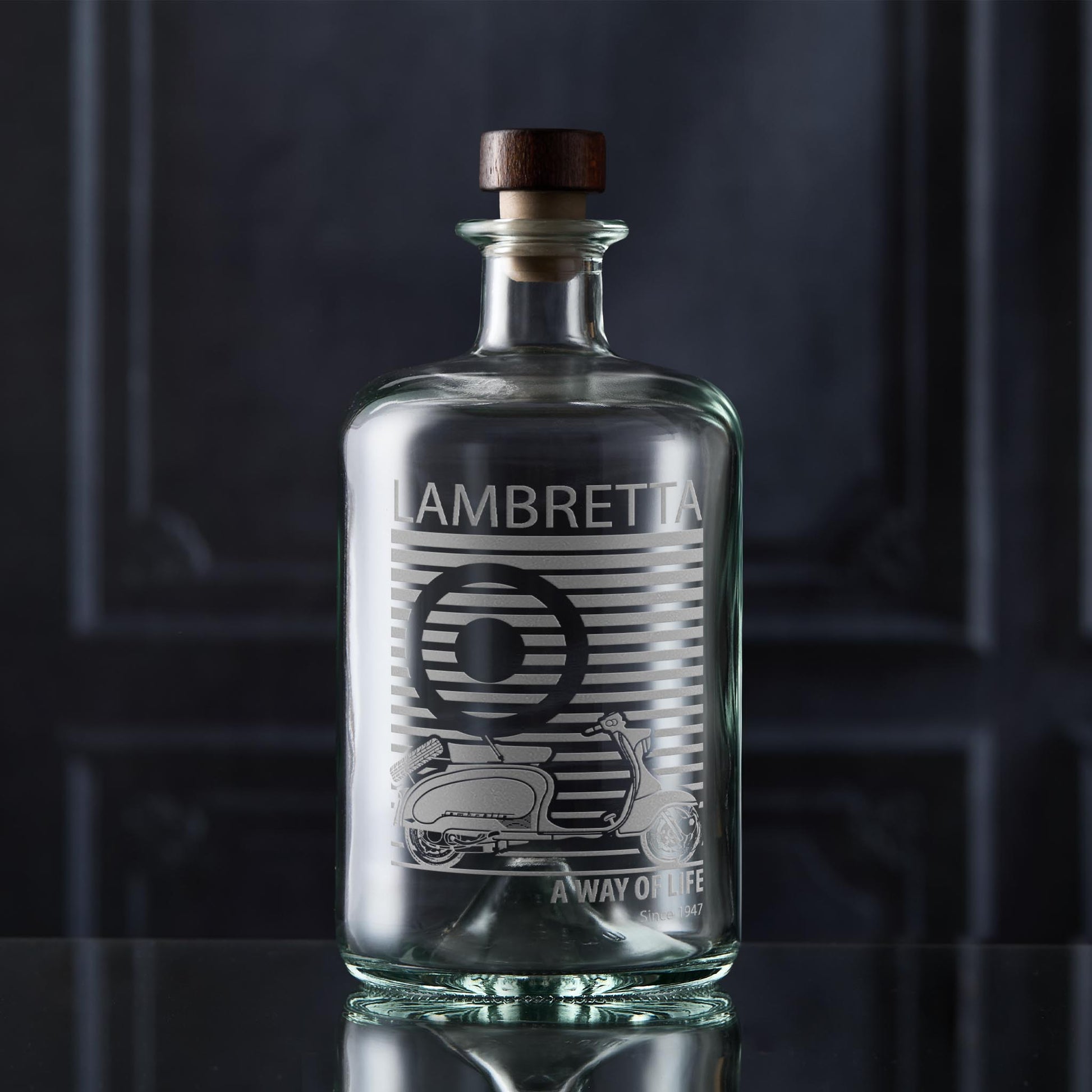 Sooterist decanter engraved with a vintage lambretta scooter and mod target design
