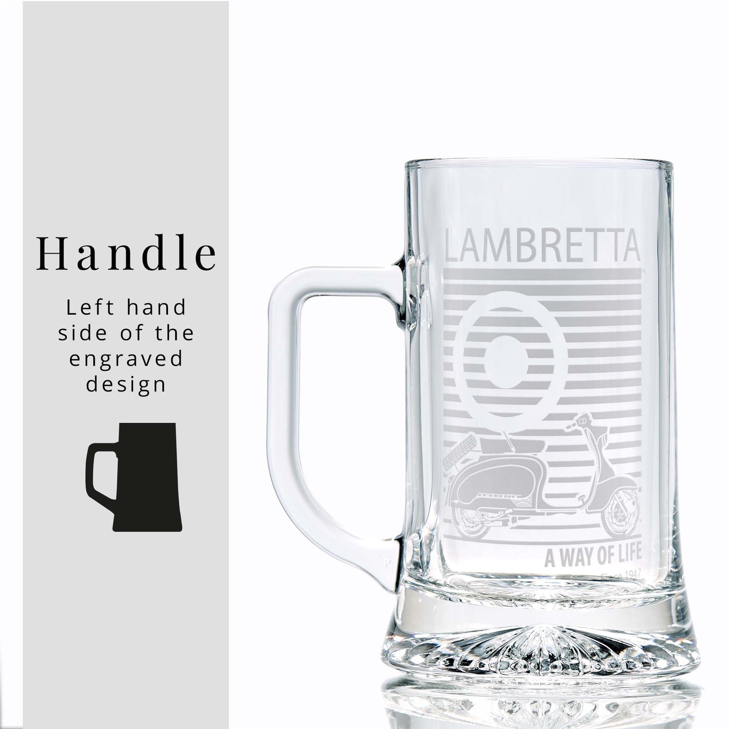 Glass tankard engraved with a classic Lambretta TV175  illustration and pinstriped mod target