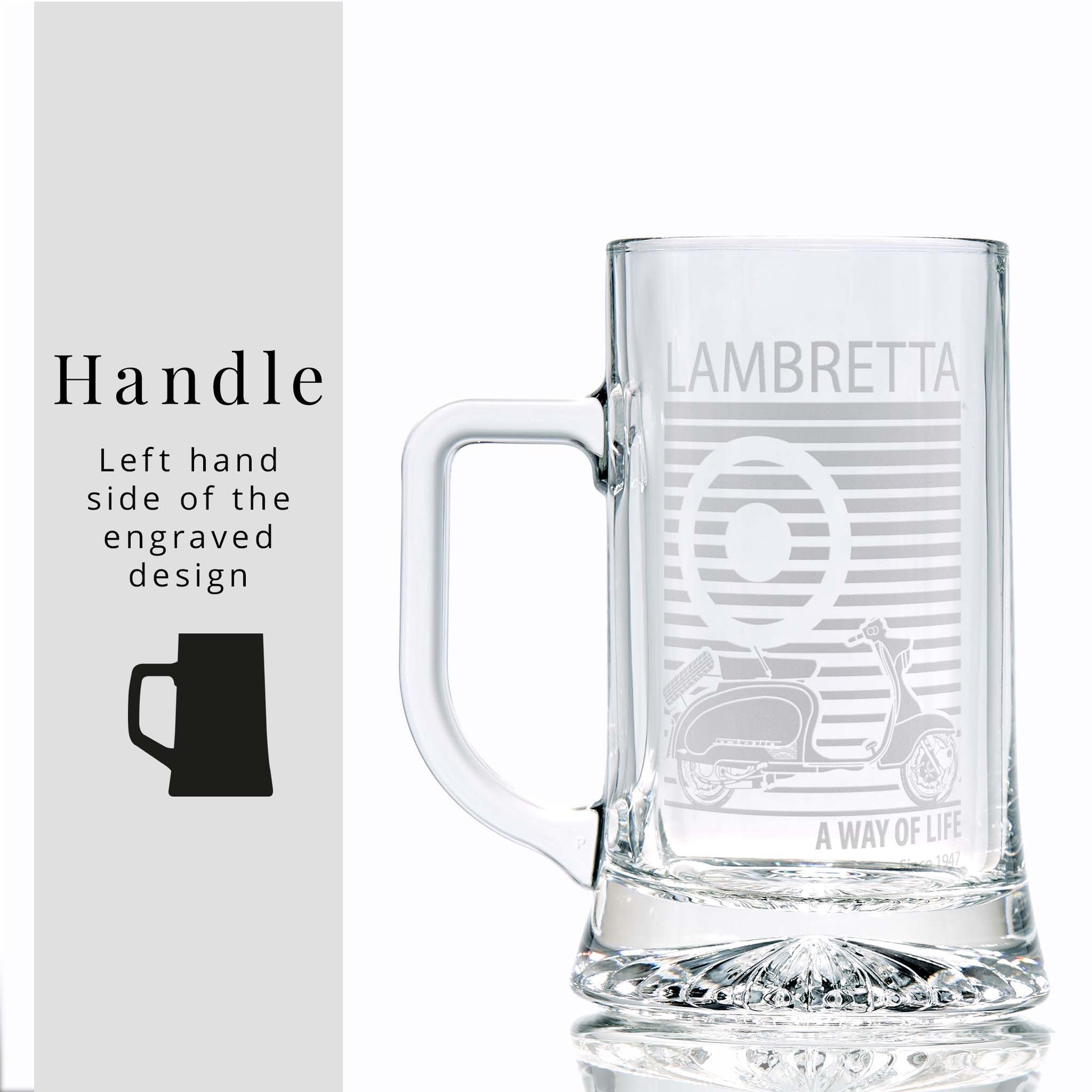 Glass tankard engraved with a classic Lambretta TV175  illustration and pinstriped mod target