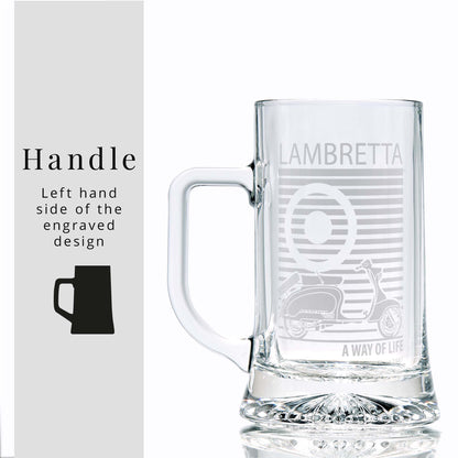 Glass tankard engraved with a classic Lambretta TV175  illustration and pinstriped mod target