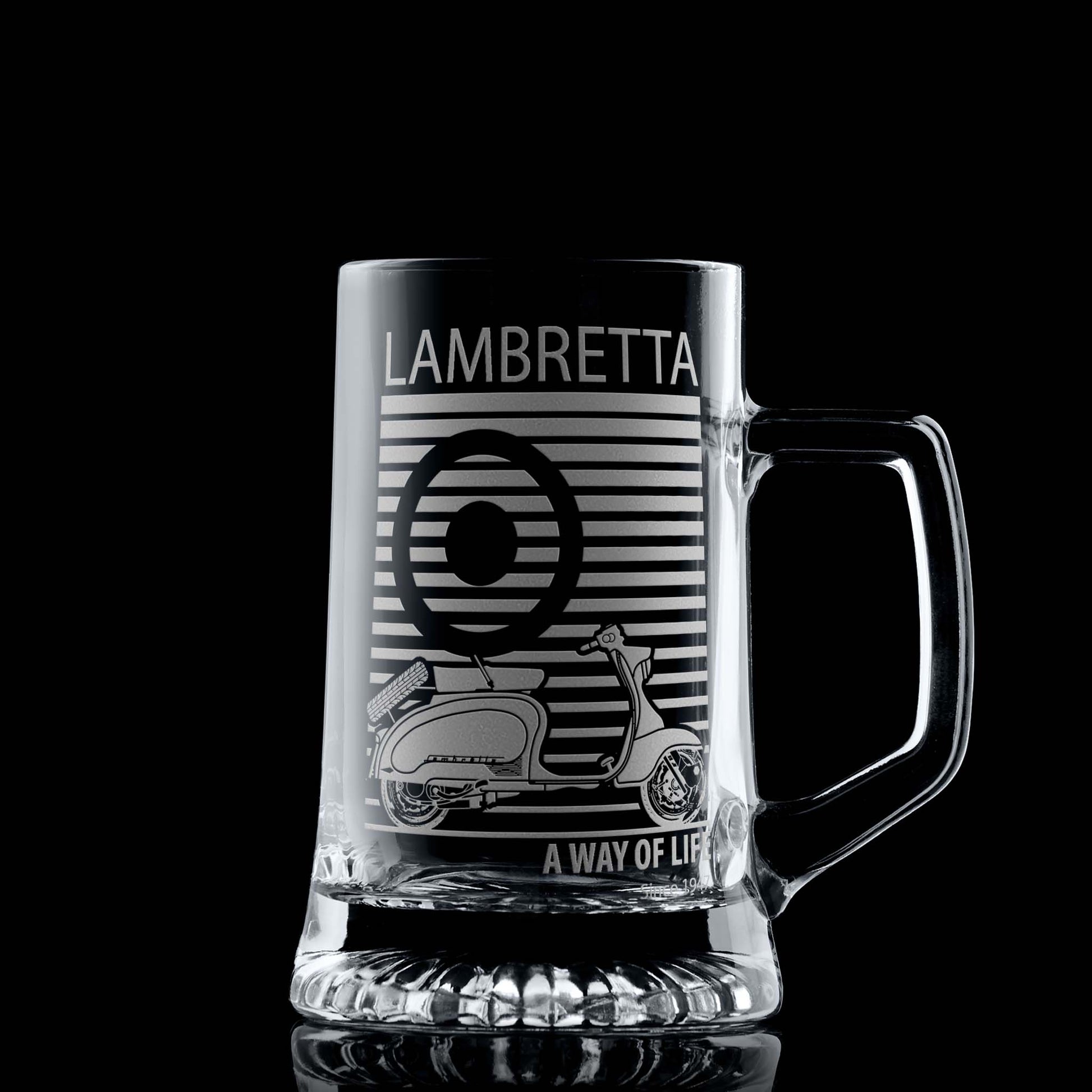 Beer tankard engraved with a classic Lambretta TV175 scooter illustration and pinstriped mod target