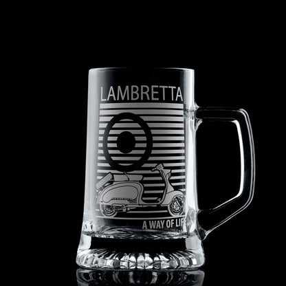 Beer tankard engraved with a classic Lambretta TV175 scooter illustration and pinstriped mod target