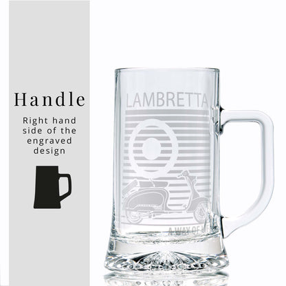 Glass tankard engraved with a classic Lambretta TV175 scooter illustration and pinstriped mod target