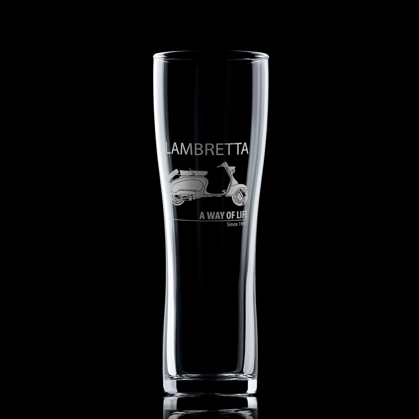 Lambretta TV175 engraved pint glass with Mod target design on black background