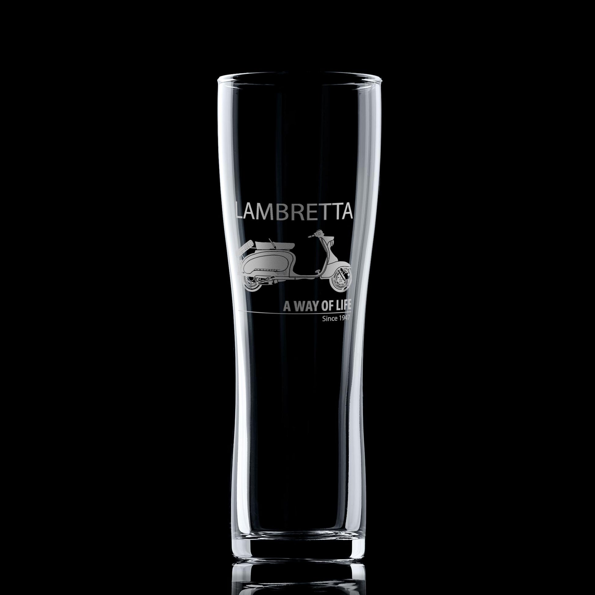 Lambretta TV175 engraved pint glass with Mod target design on black background