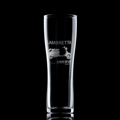 Lambretta TV175 engraved pint glass with Mod target design on black background