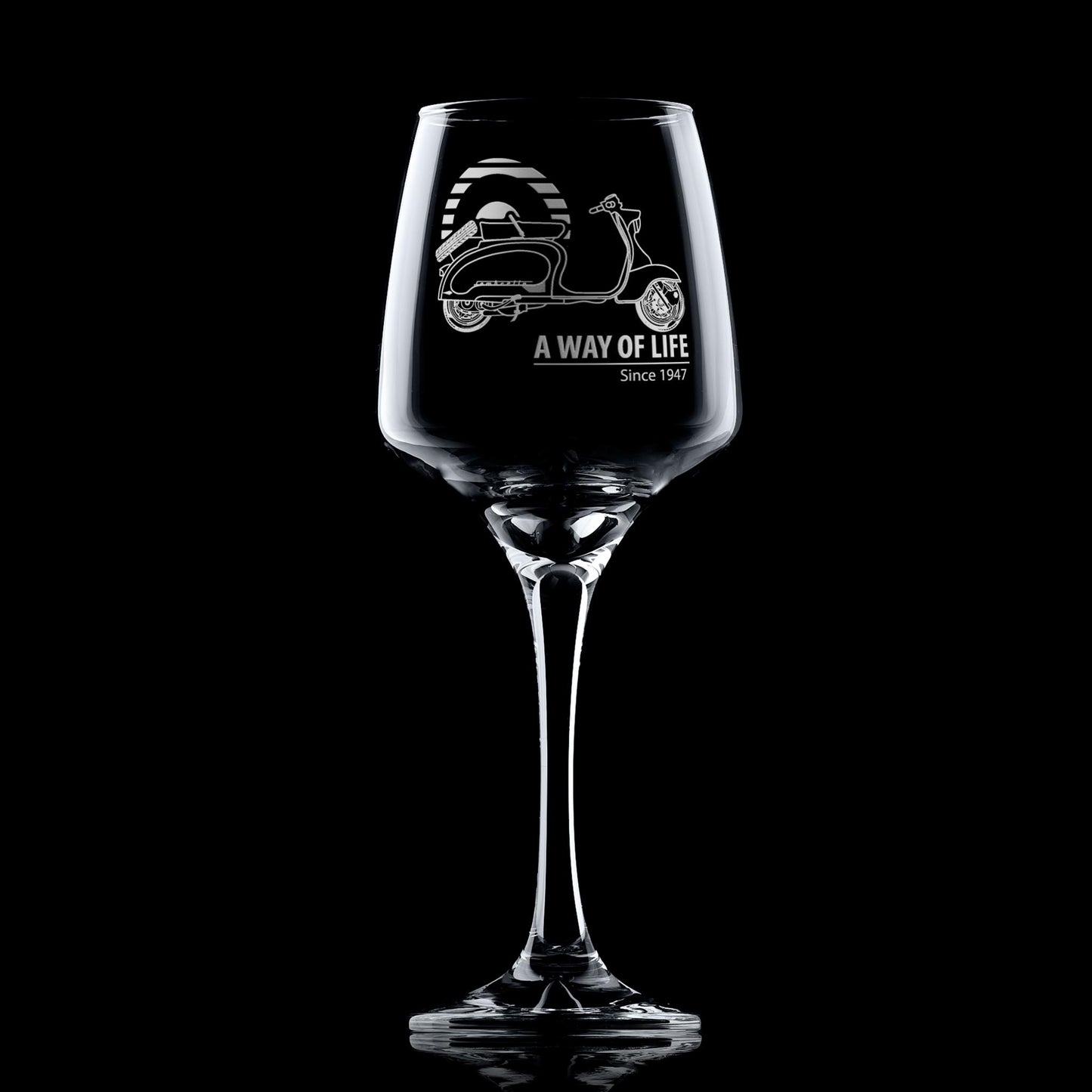 Lambretta TV175 wine glass with A Way of Life Since 1947, styled on dark background