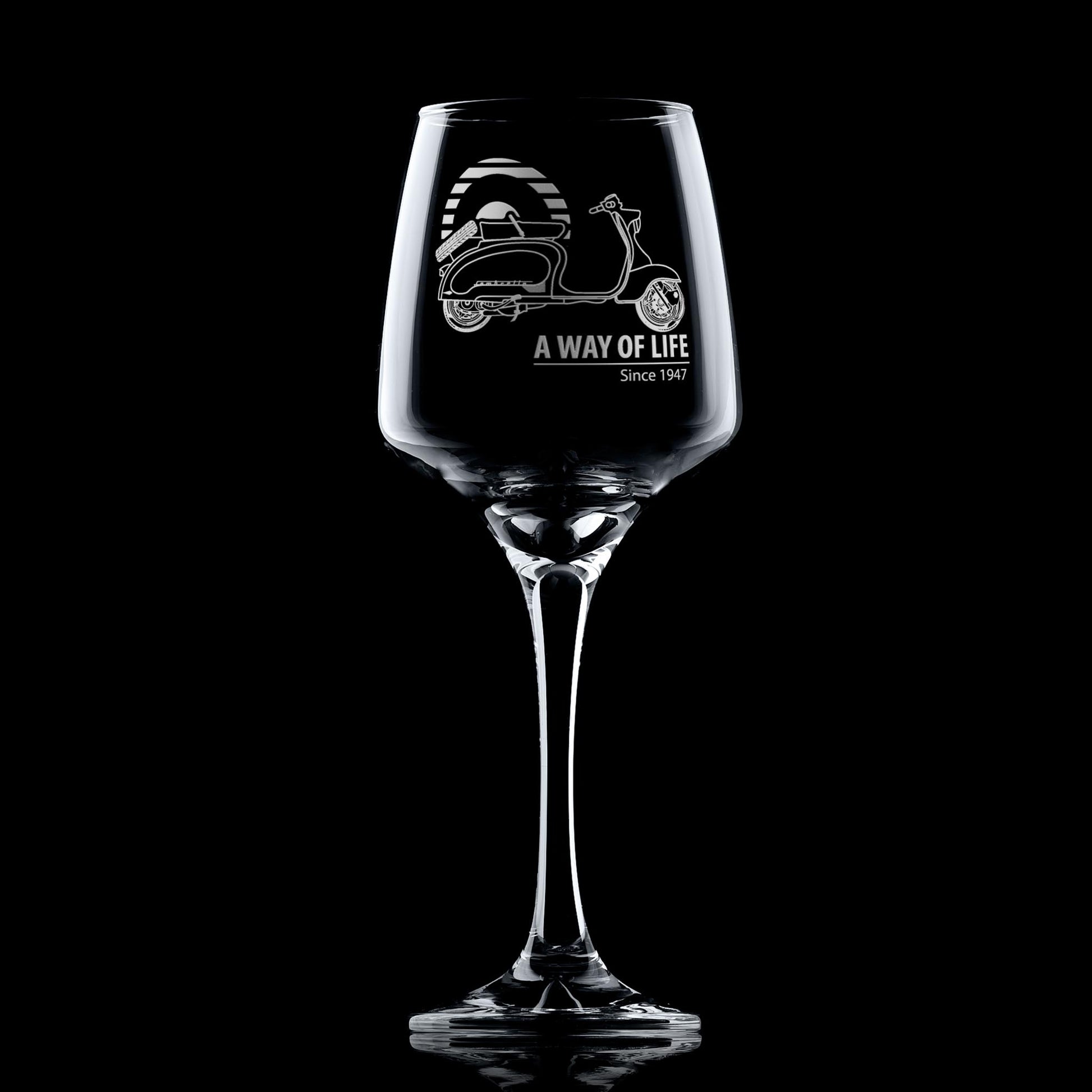 Lambretta TV175 wine glass with A Way of Life Since 1947, styled on dark background