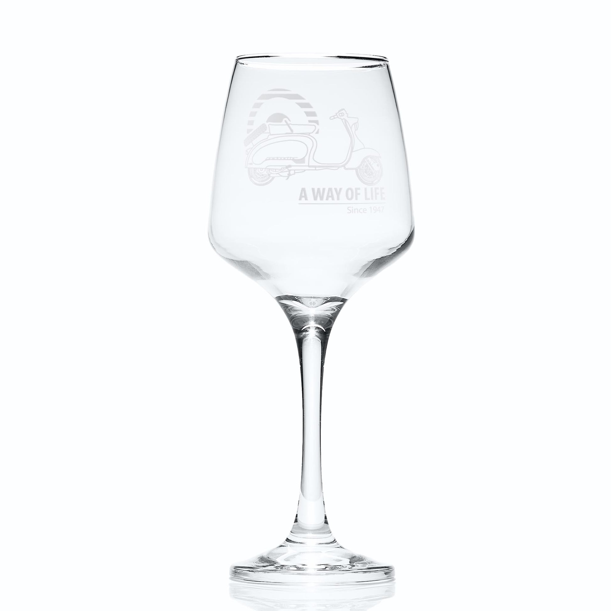 Wine glass engraved with Lambretta TV175 and Mod target, shown on white background