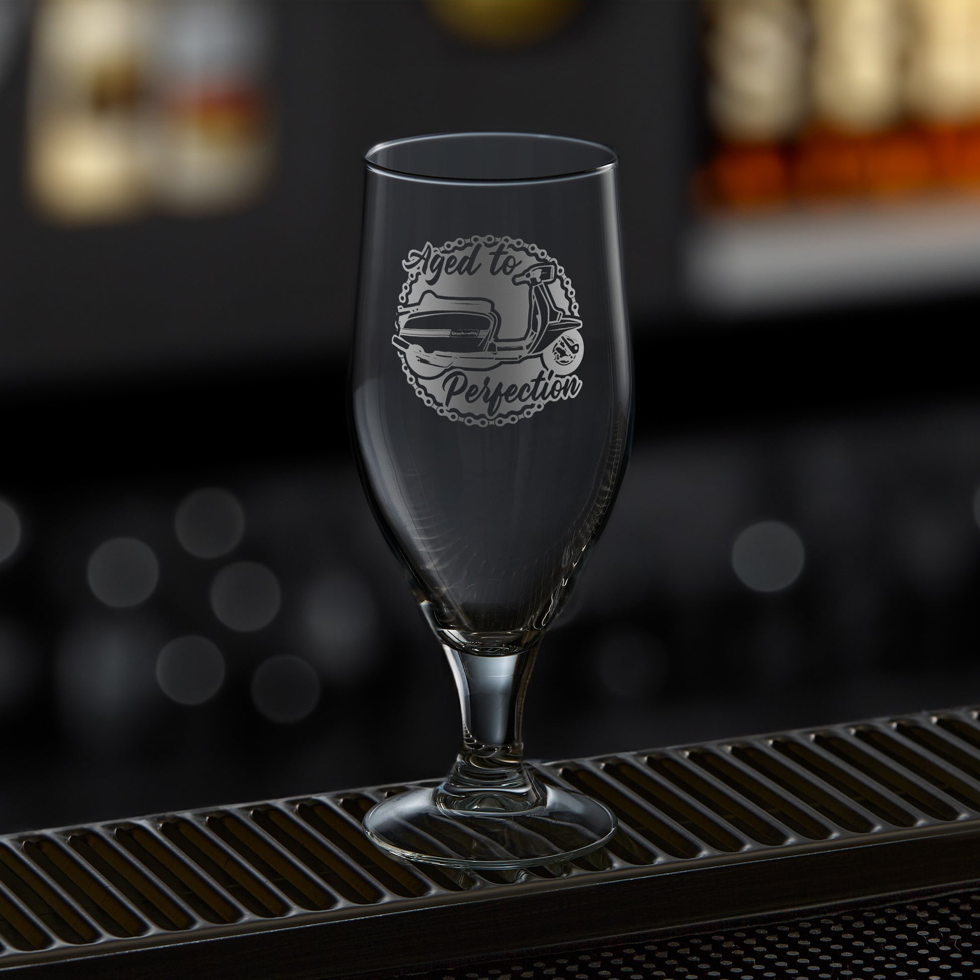 stemmed beer glass engraved with a lambretta scooter series 3 gp