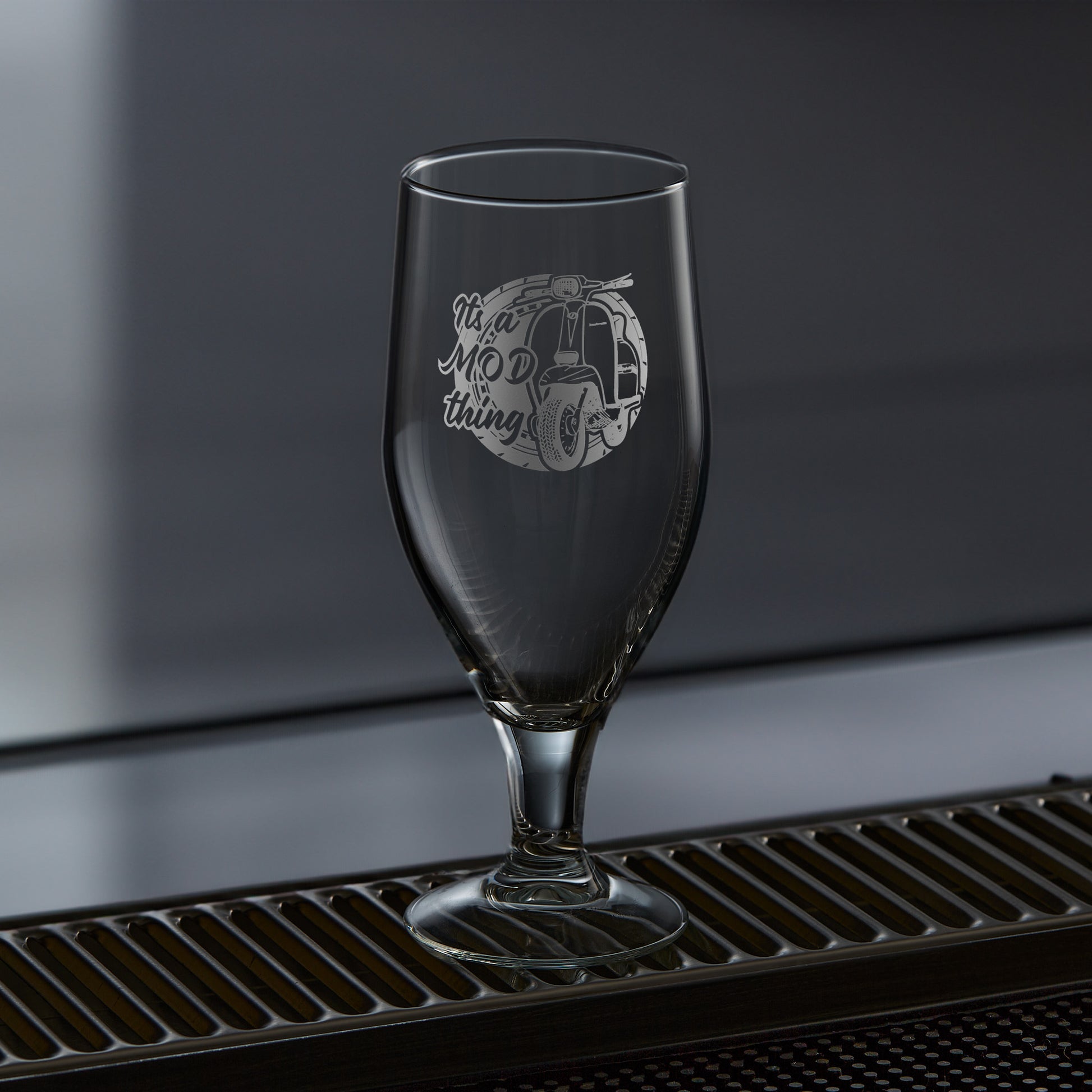 stemmed beer glass engraved with a lambretta scooter series 3 gp