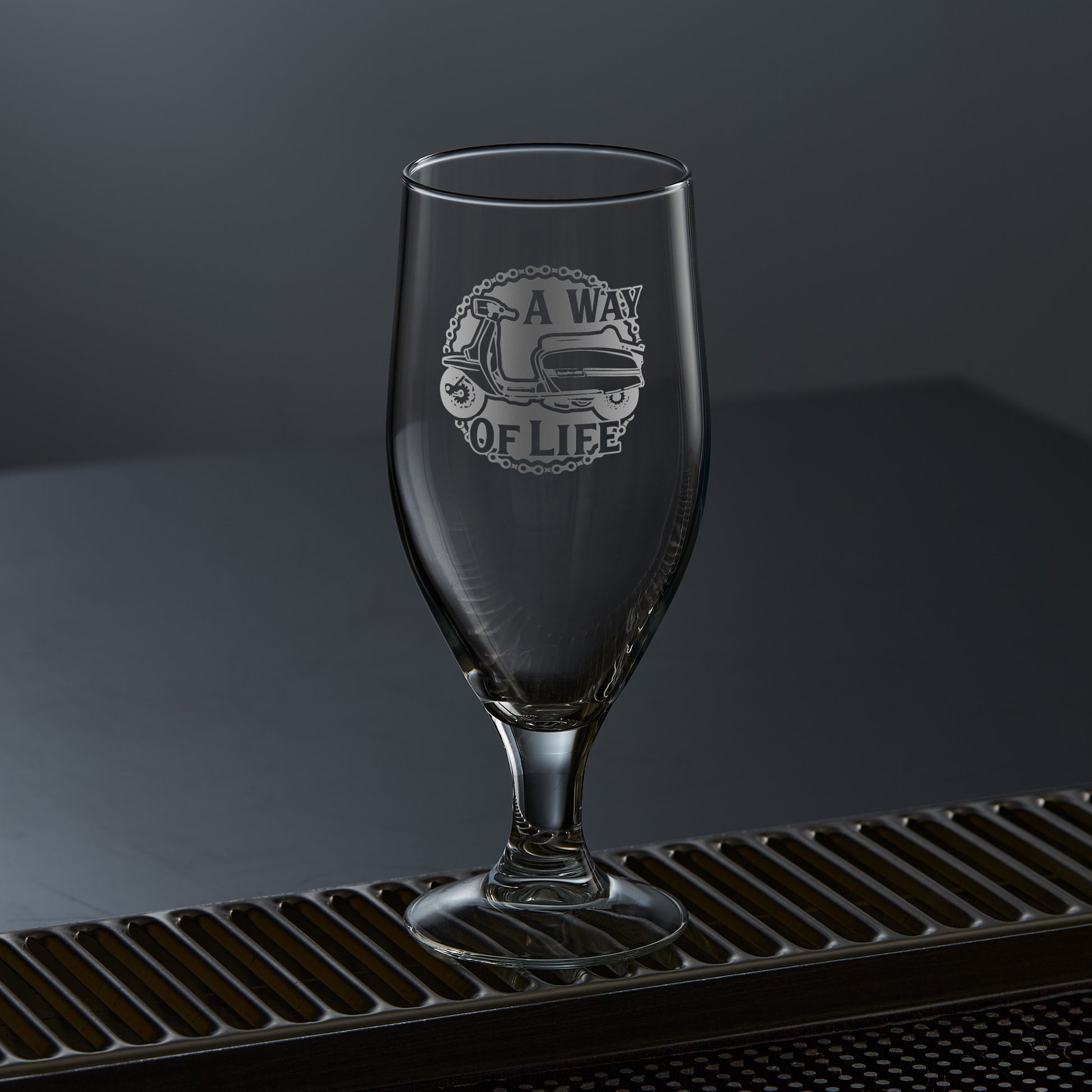 stemmed beer glass engraved with a lambretta scooter series 3 gp