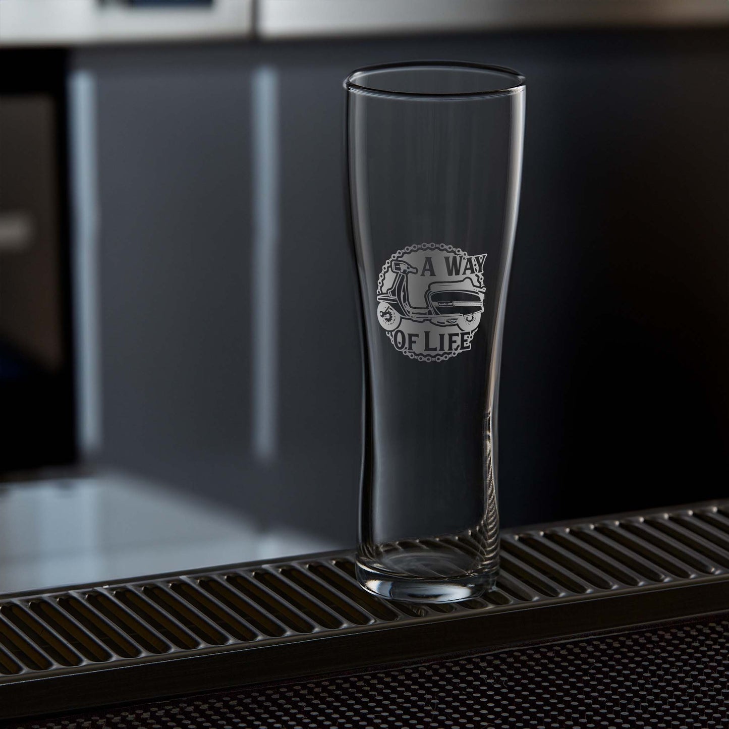 Pint glass engraved with a vintage lambretta gp scooter design