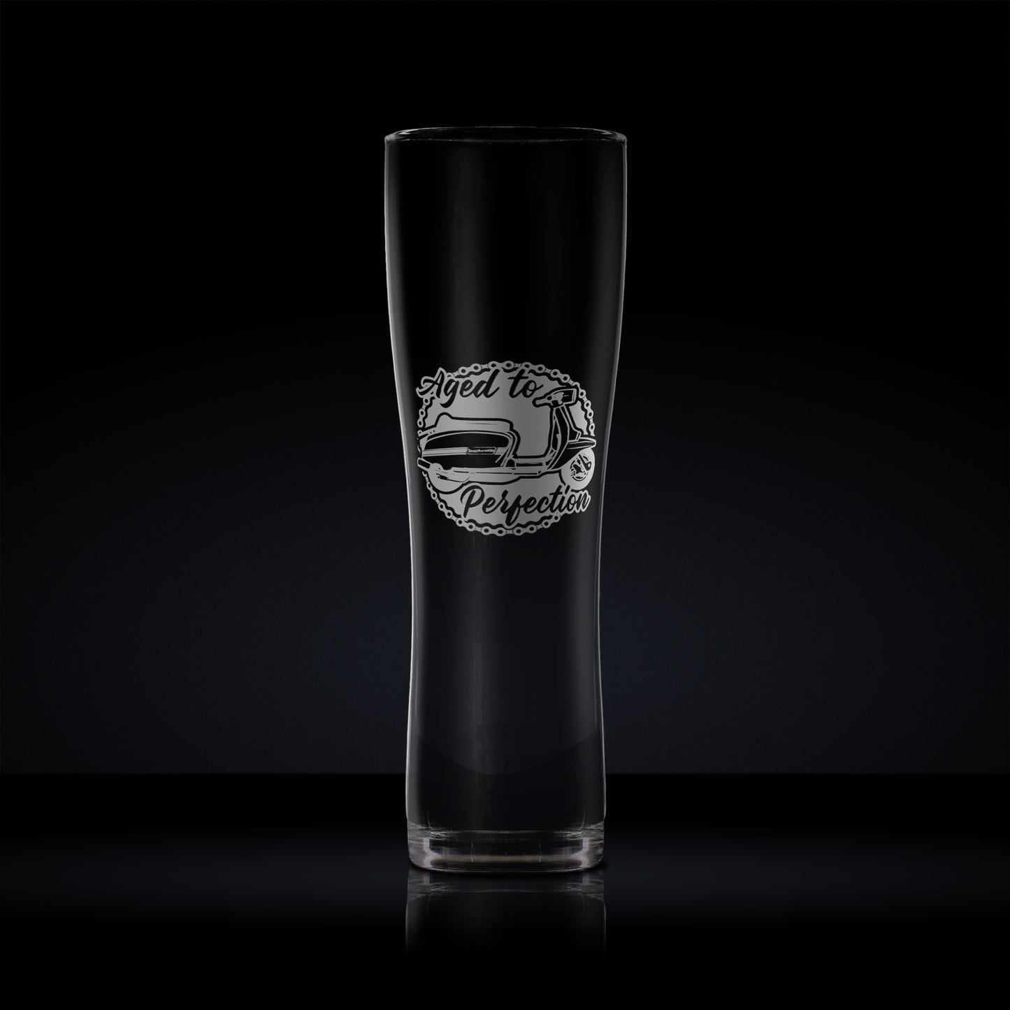 Pint glass engraved with a vintage lambretta gp scooter design