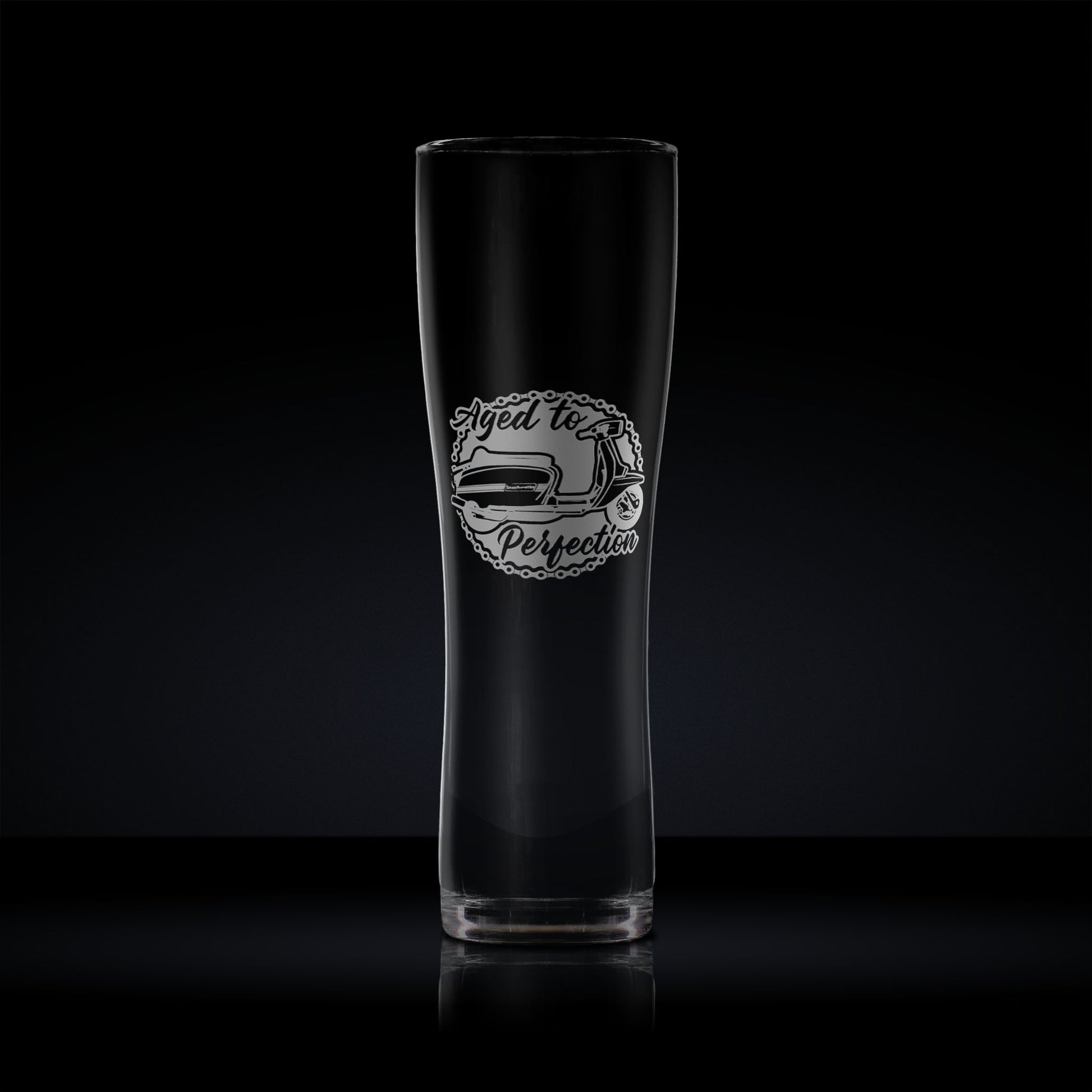 Pint glass engraved with a vintage lambretta gp scooter design