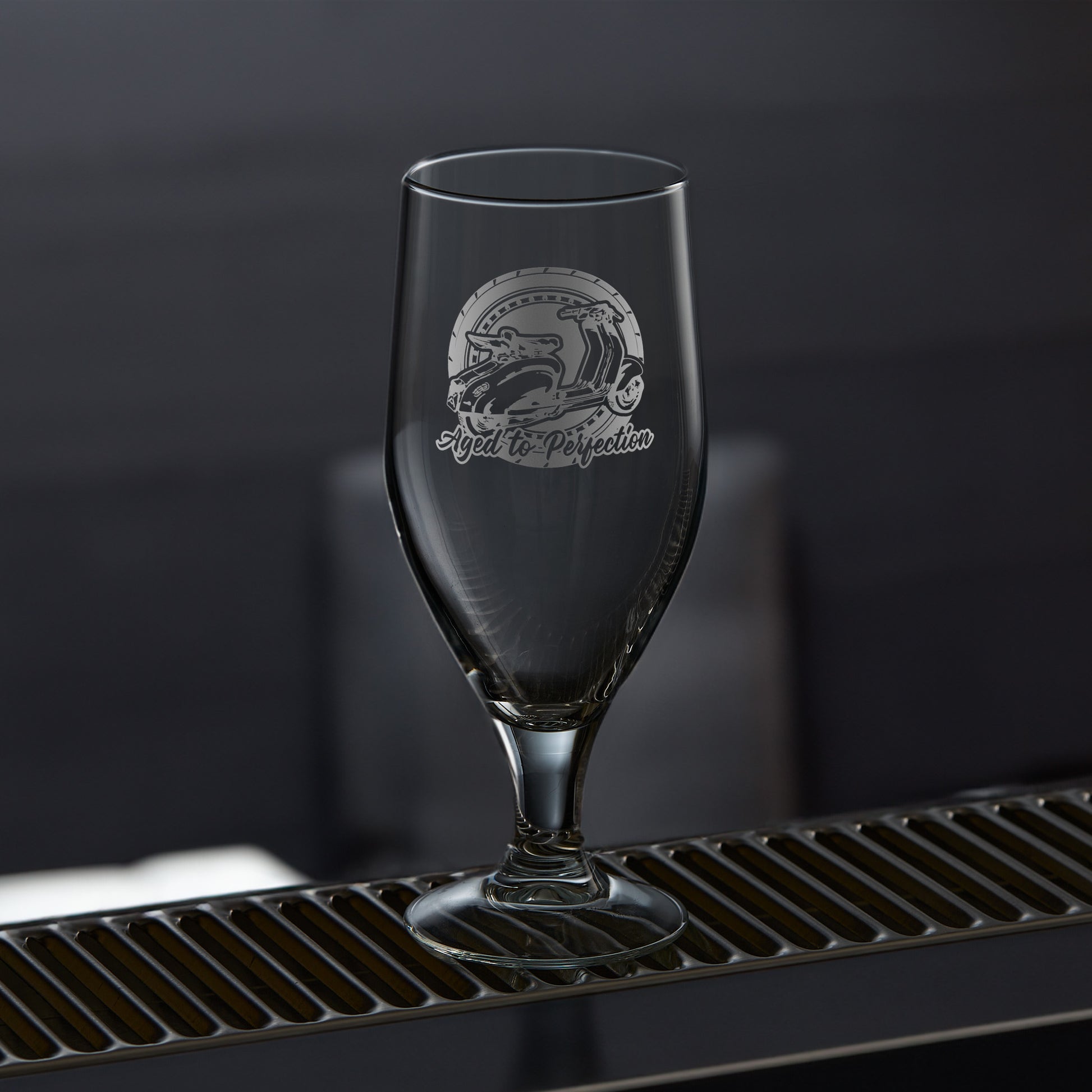 stemmed beer glass engraved with a lambretta scooter series 1 ld