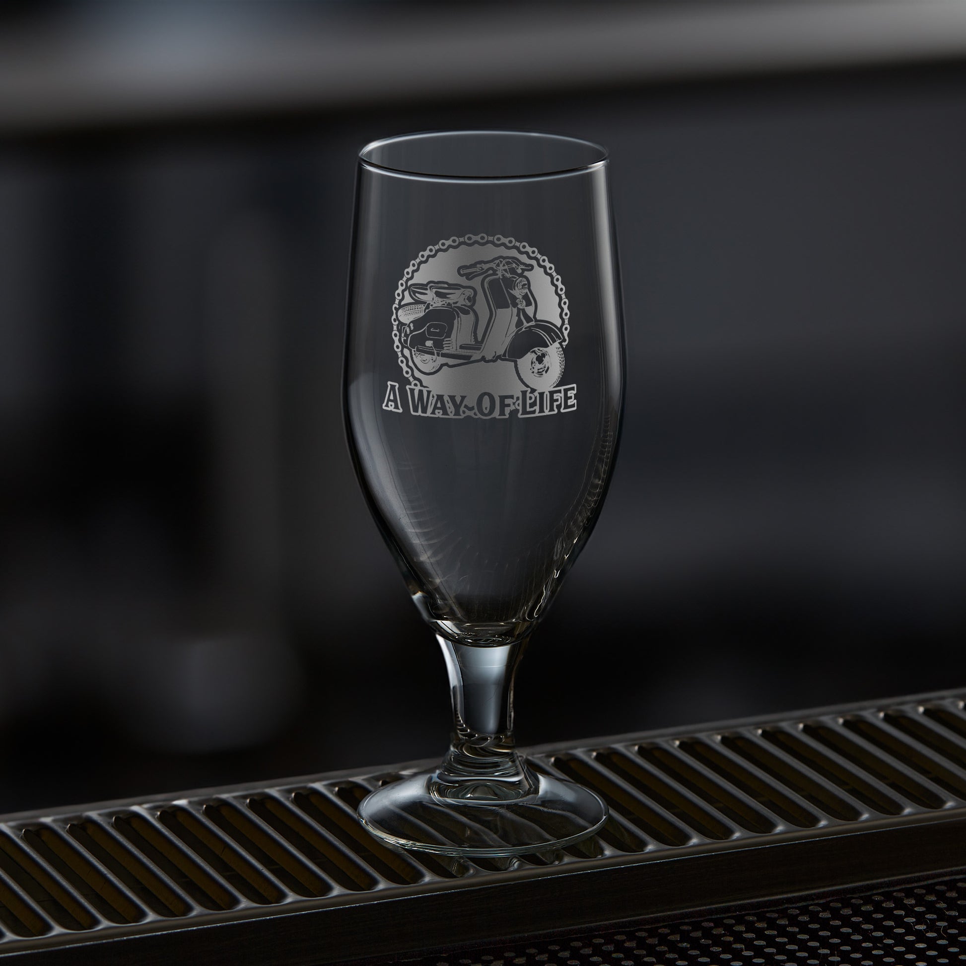 stemmed beer glass engraved with a lambretta scooter series 1 ld