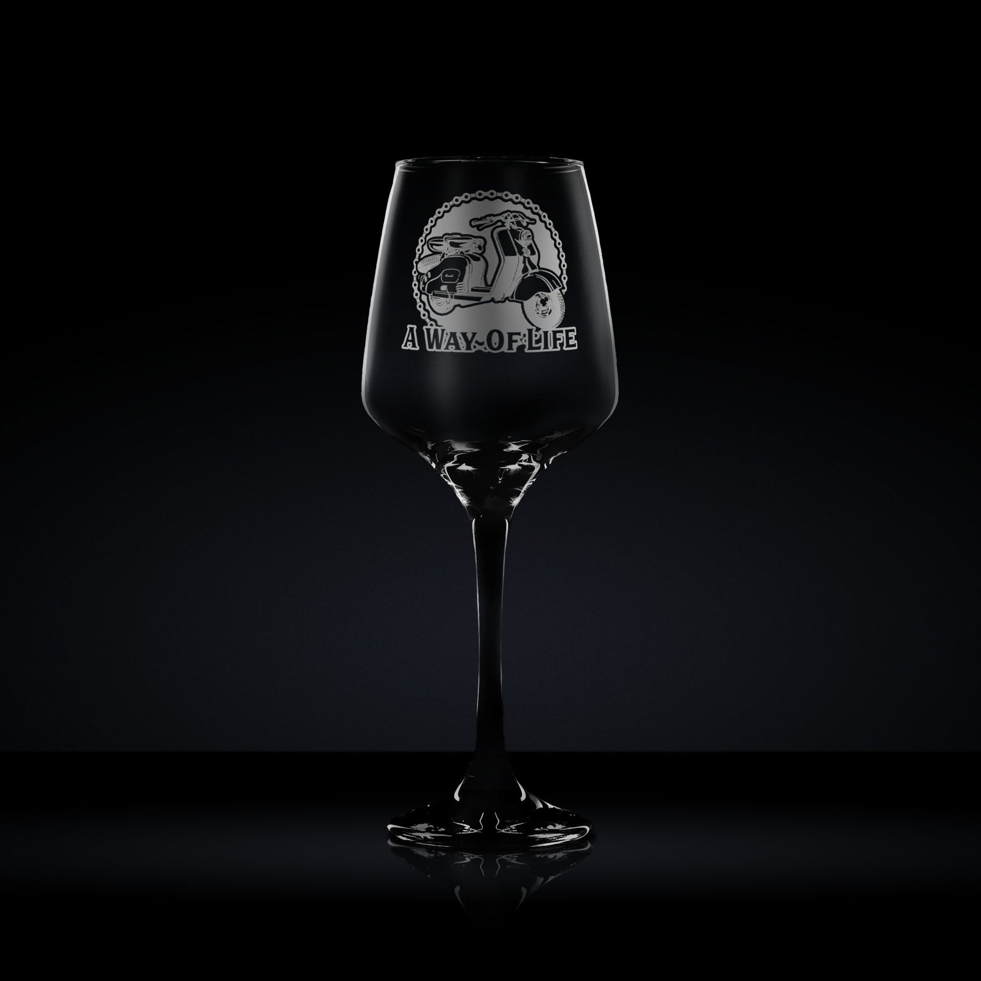 engraved wine glass etched with a series 1 lambretta scooter