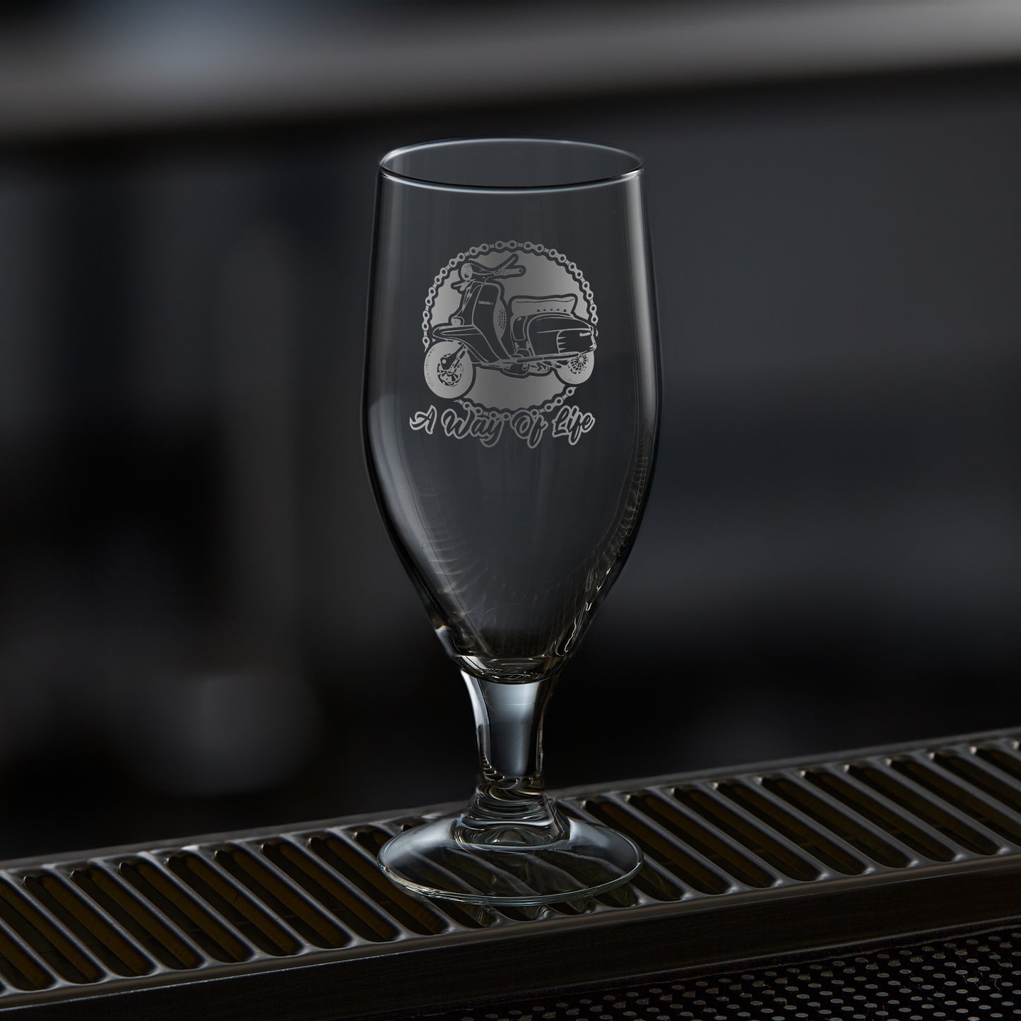 stemmed beer glass engraved with a lambretta scooter li special