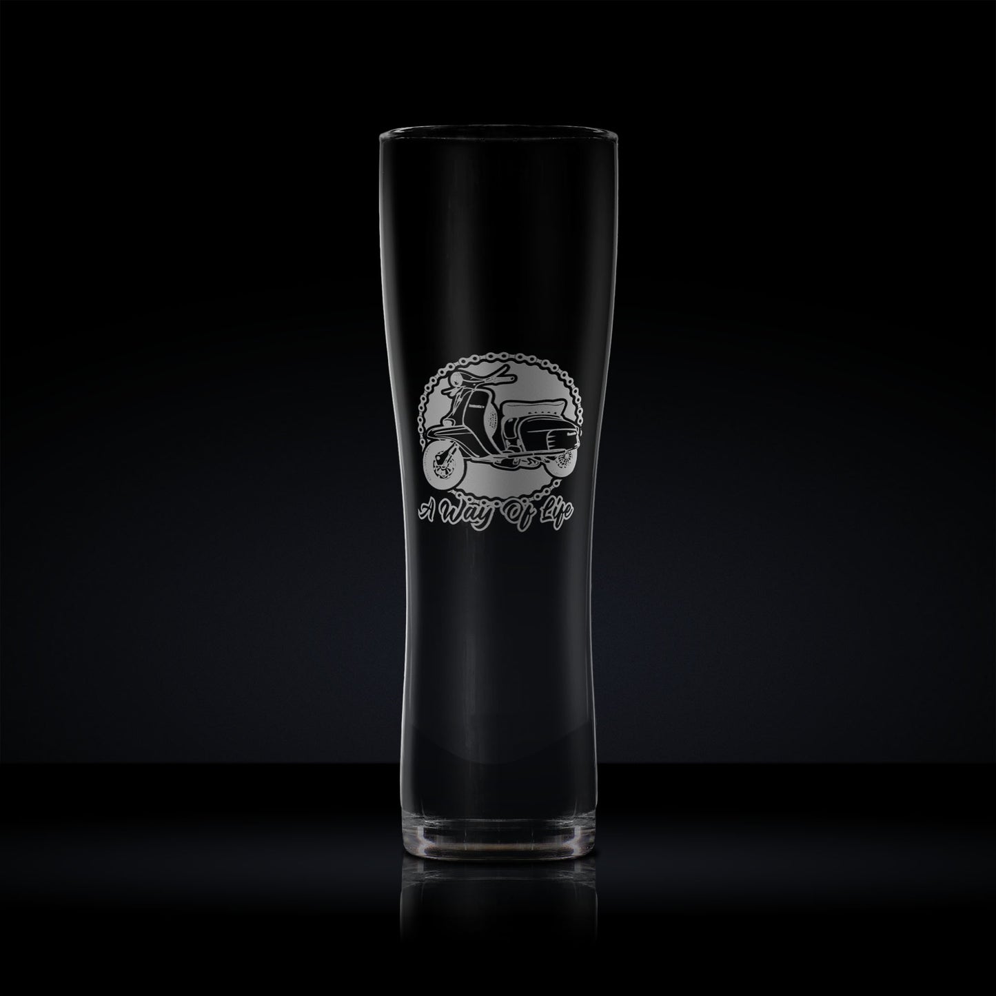 Pint glass engraved with a vintage lambretta Li special scooter design