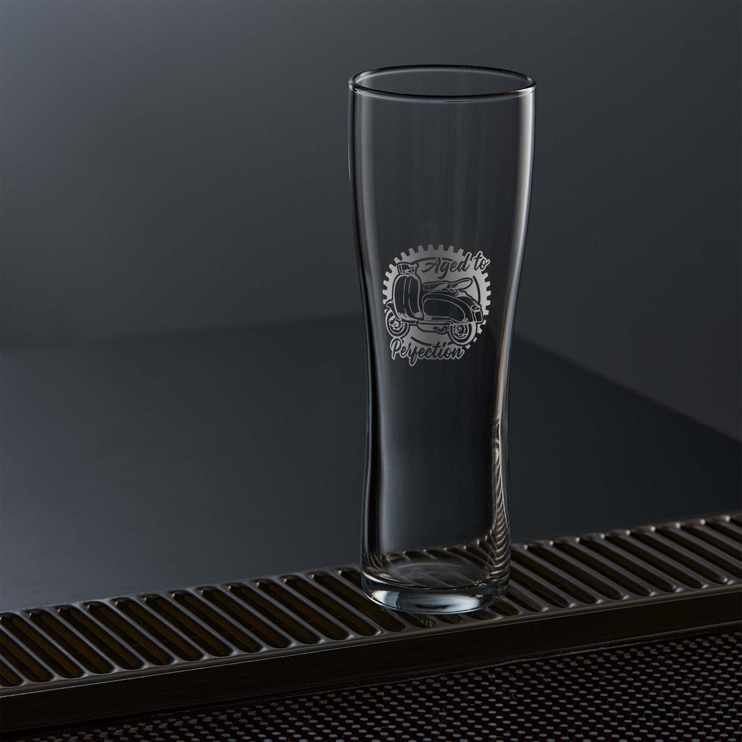 Pint glass engraved with a vintage lambretta Li125l scooter design