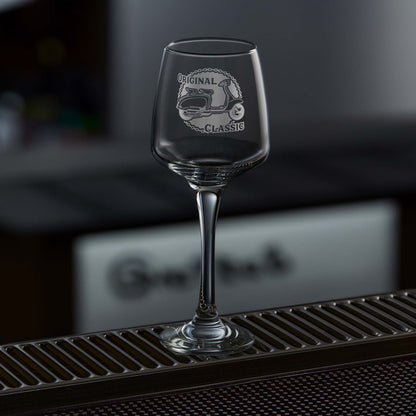 Engraved wine glass etched with a lambretta li125 scooter