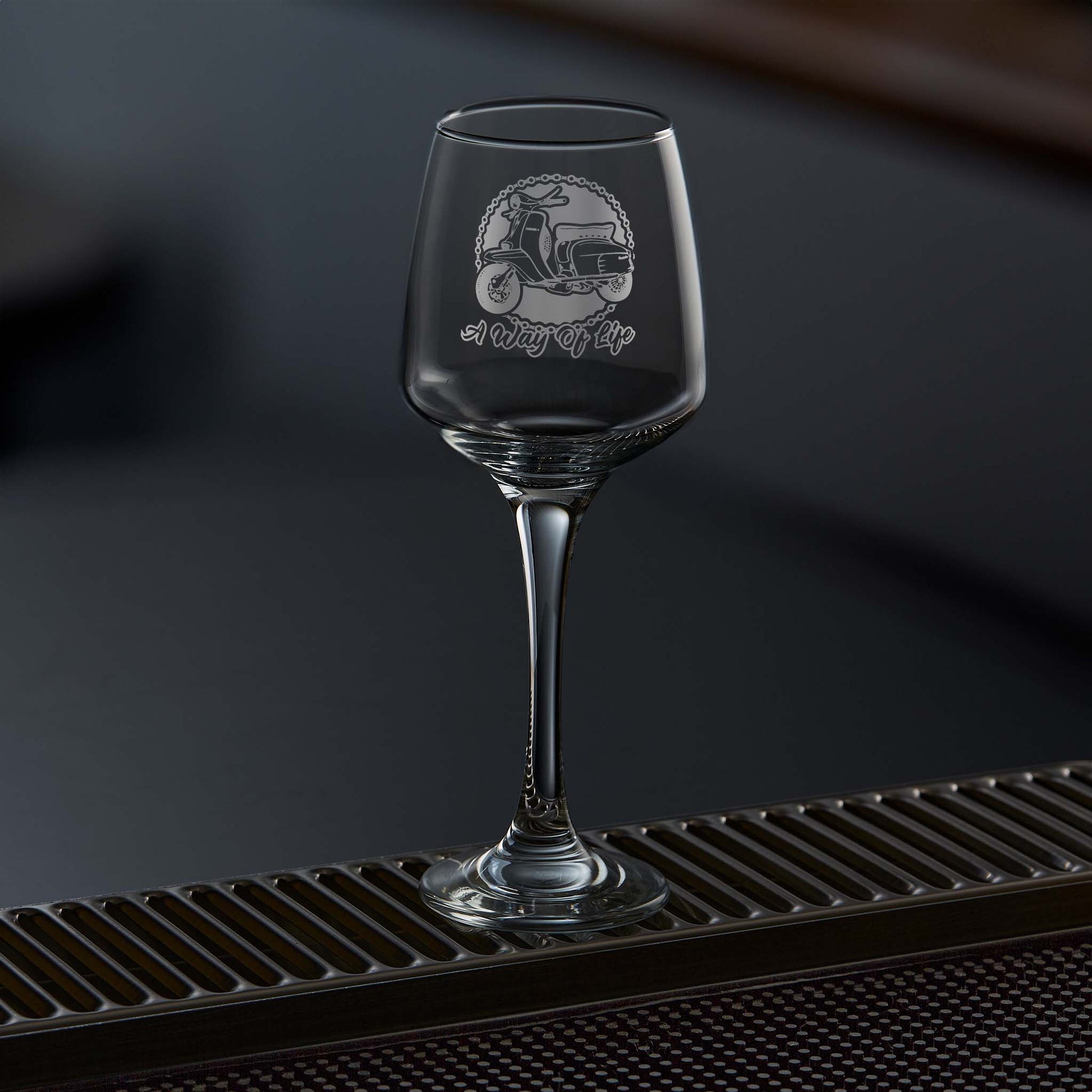 Engraved Wine Glass etched with a lambretta li special scooter