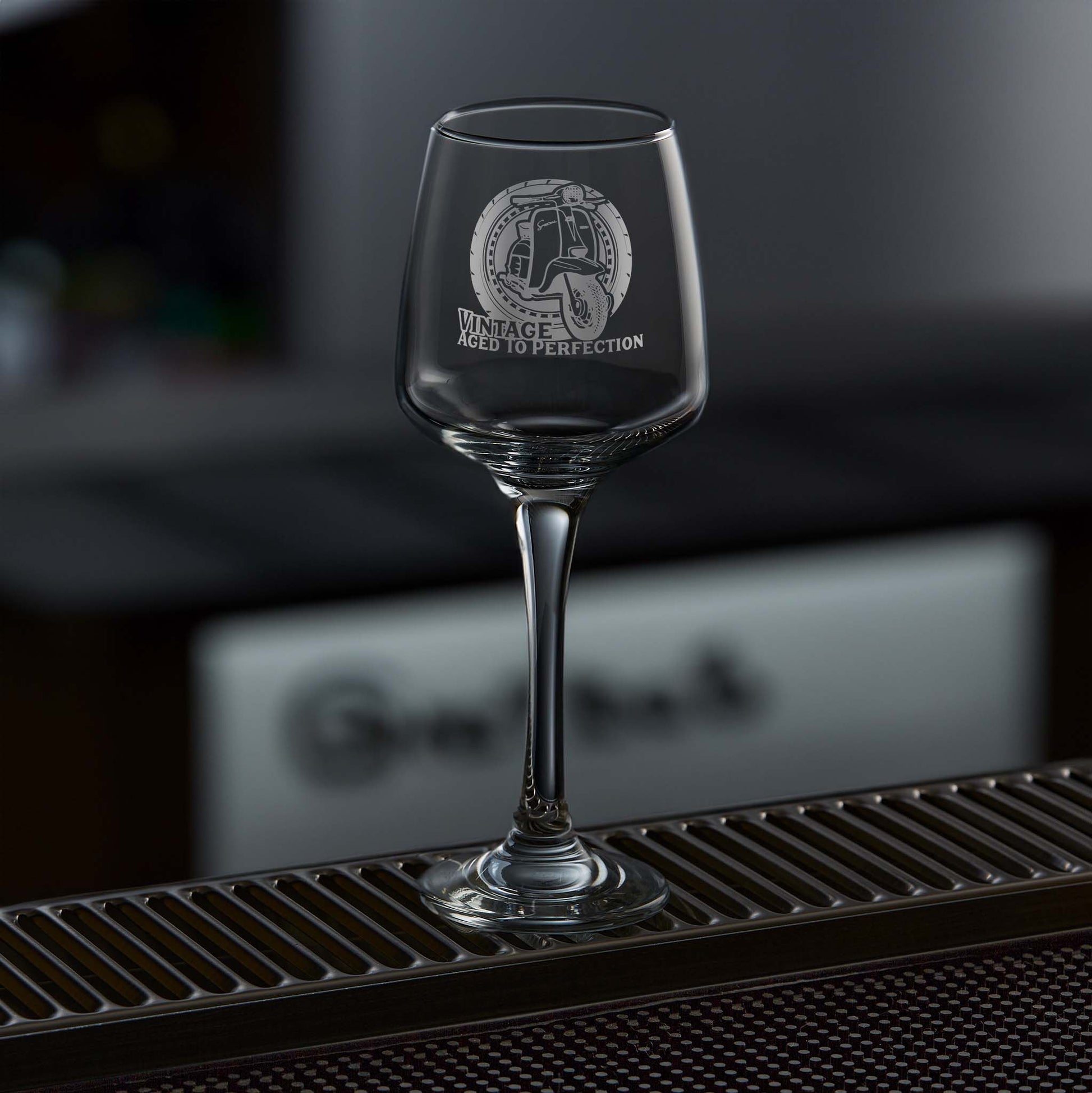 Engraved Wine Glass etched with a lambretta li special scooter