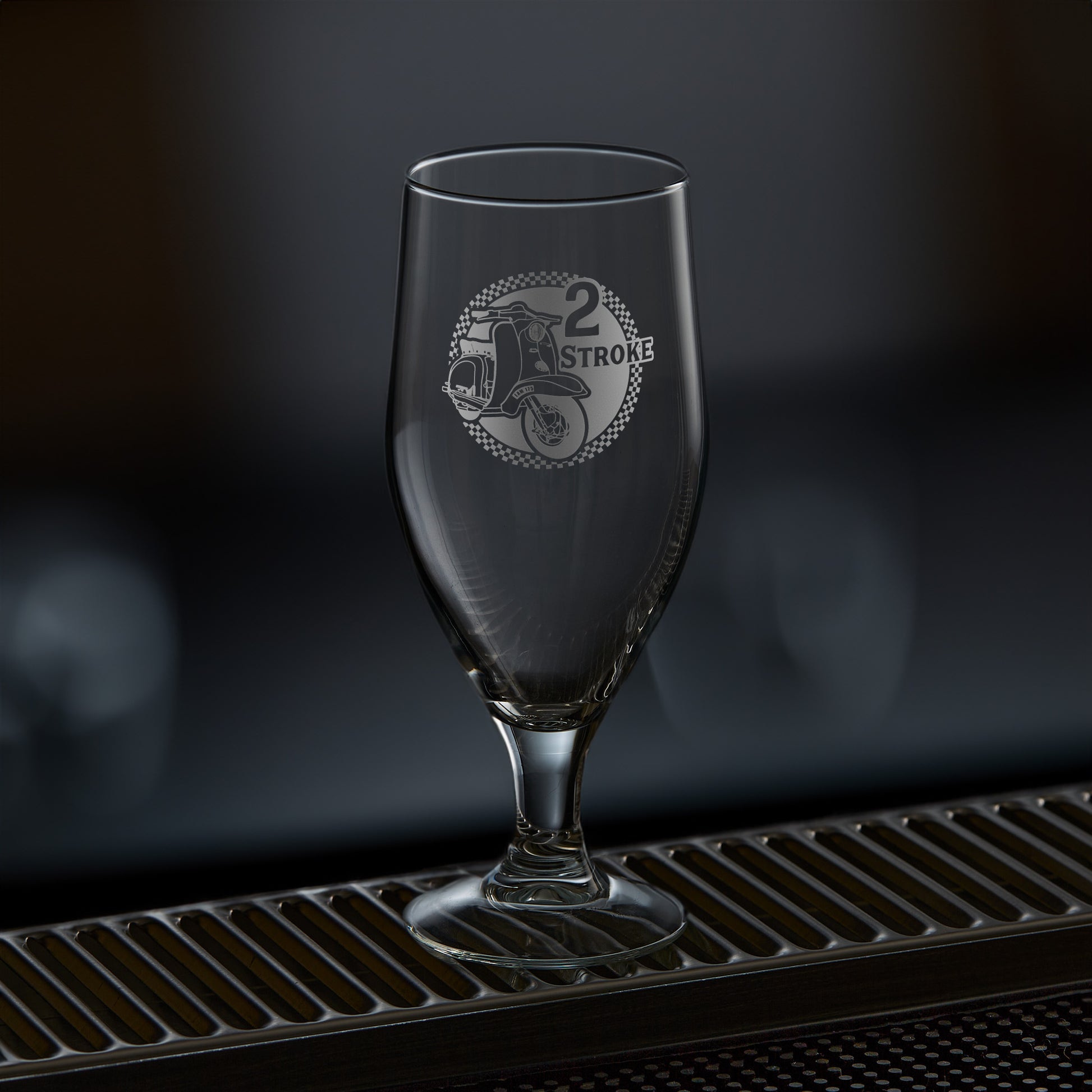 stemmed beer glass engraved with a lambretta scooter series 1 TV175