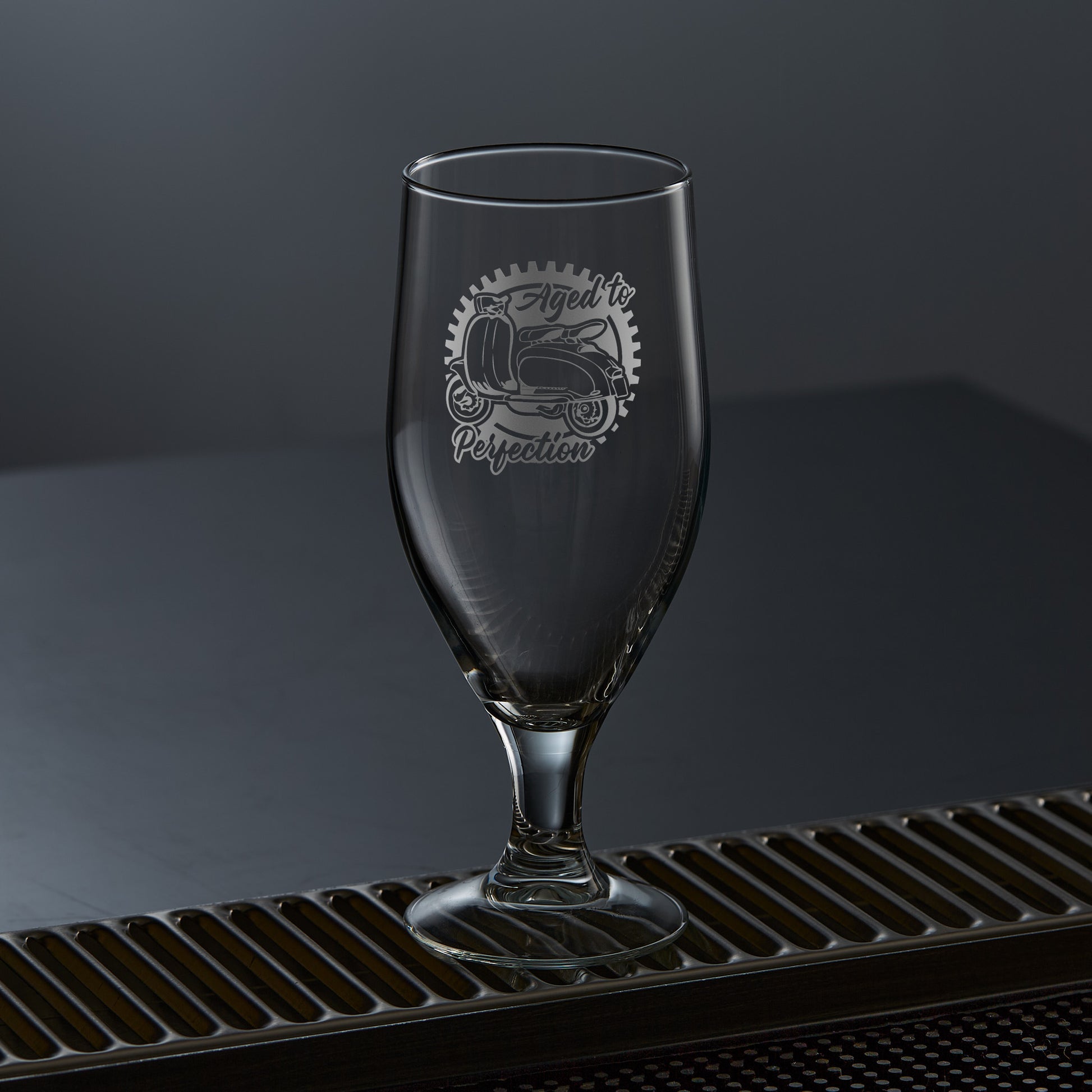 stemmed beer glass engraved with a lambretta scooter series 2 li125