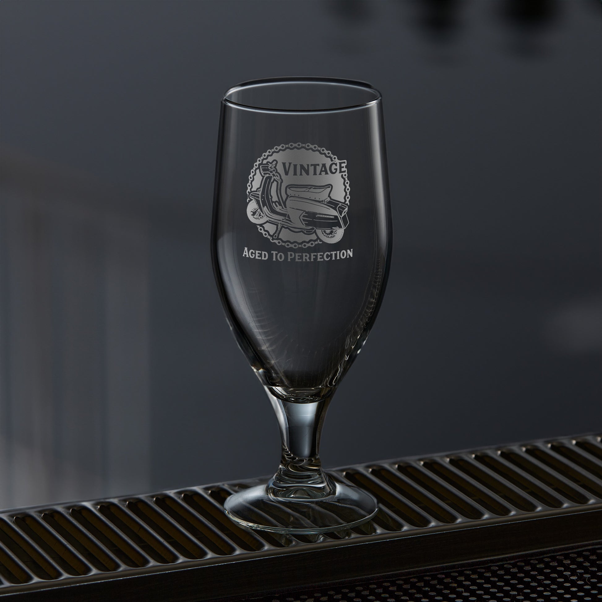 stemmed beer glass engraved with a lambretta scooter series 3 sx200