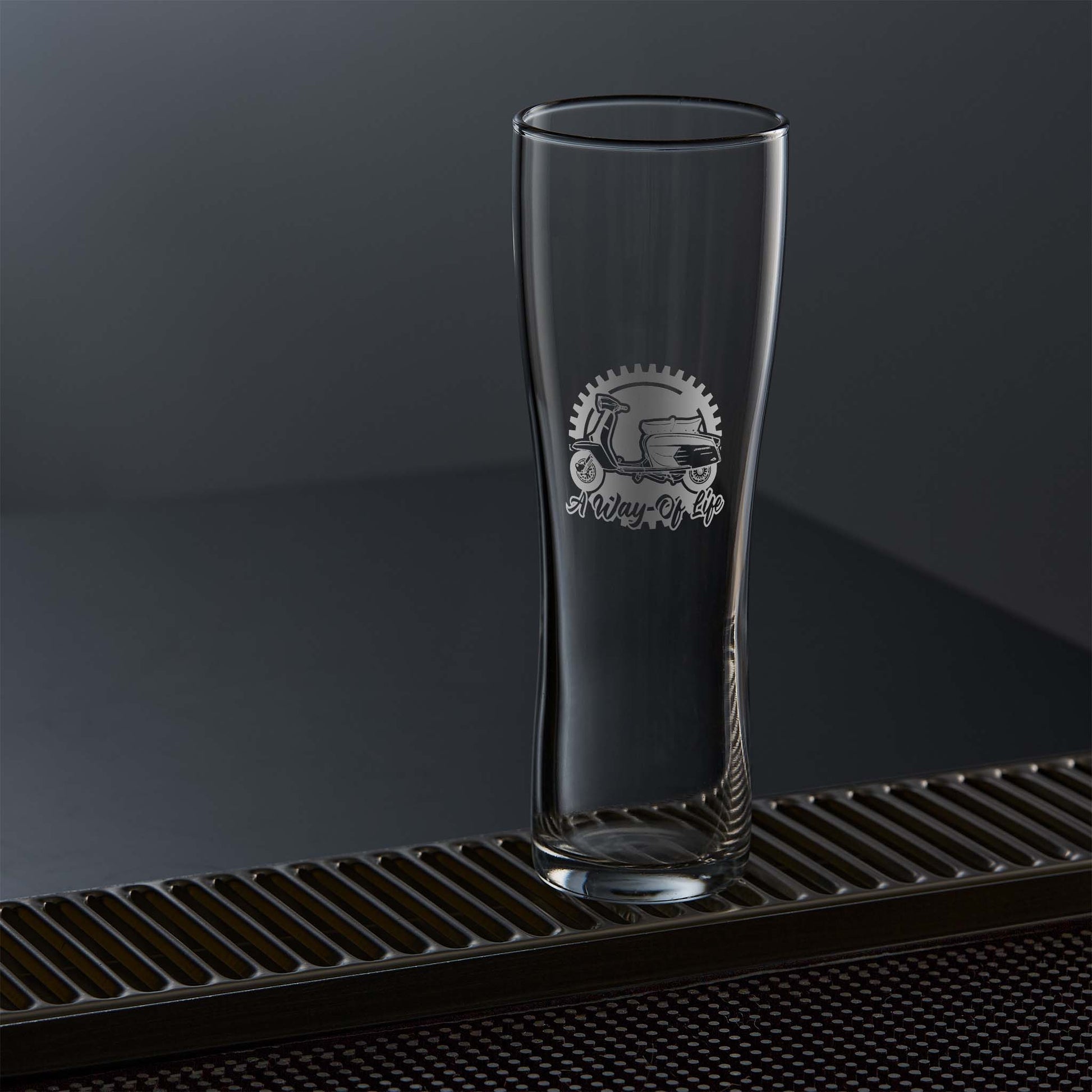 Pint glass engraved with a vintage lambretta series 3 sx200 scooter design