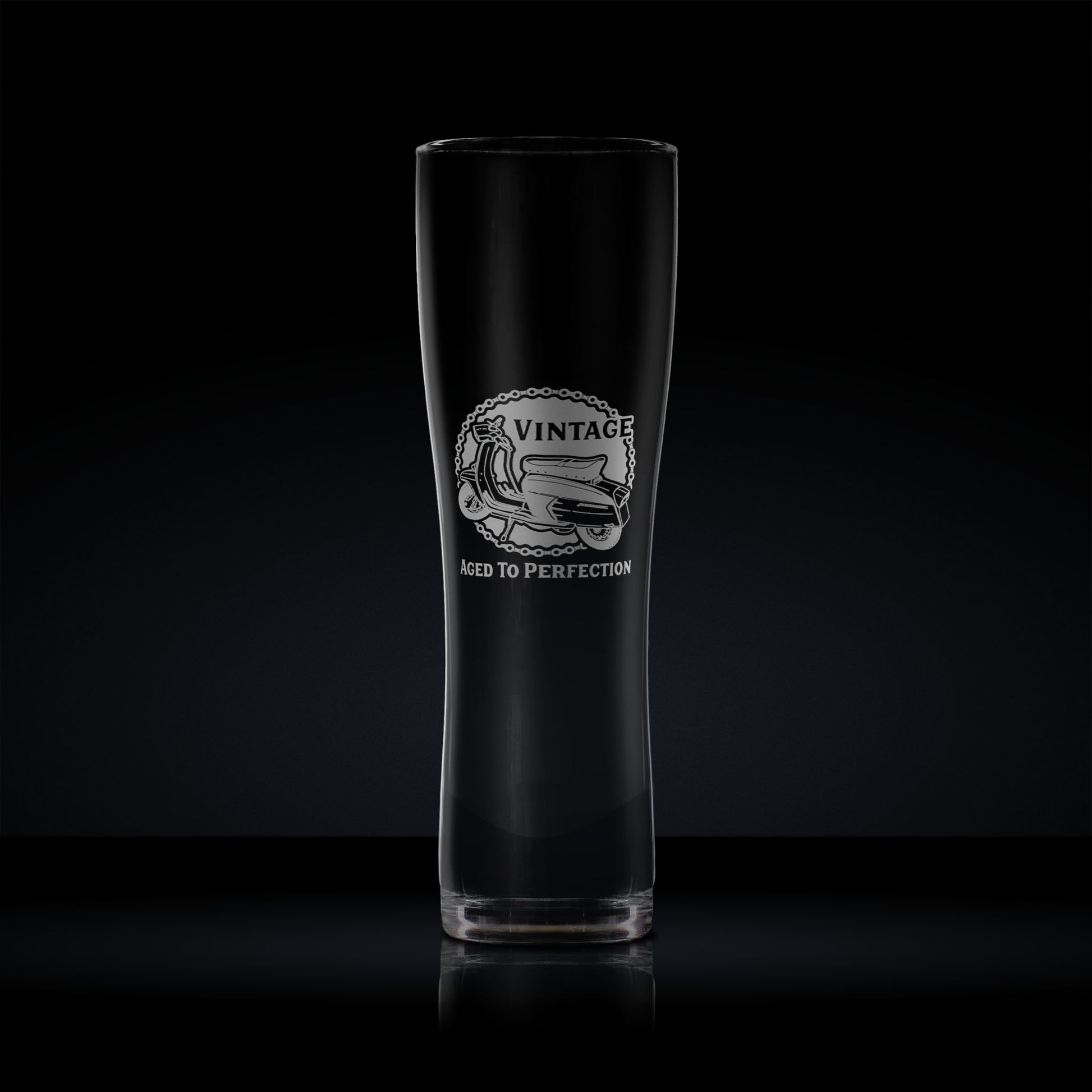 Pint glass engraved with a vintage lambretta series 3 sx200 scooter design