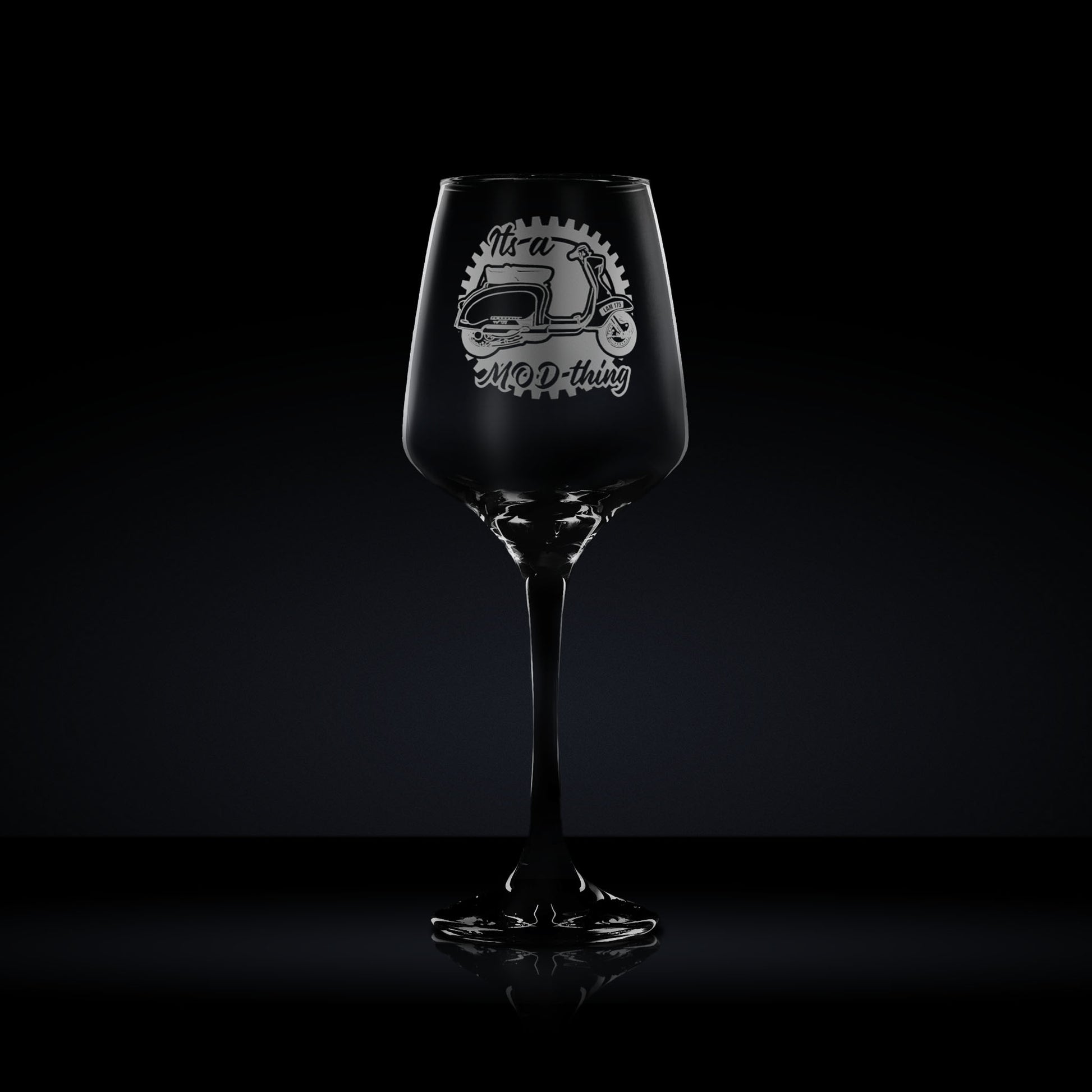 Wine glass etched with a lambretta tv175 scooter