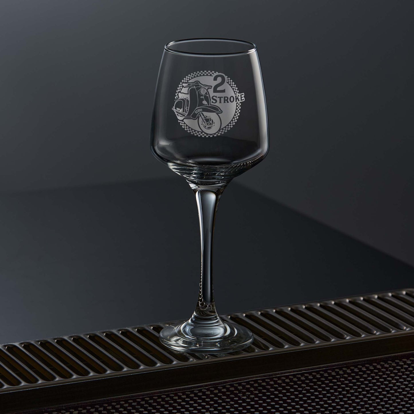 Wine glass etched with a lambretta tv175 scooter