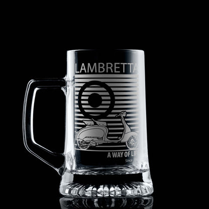 Beer tankard engraved with a classic Lambretta SX scooter and pinstriped mod target