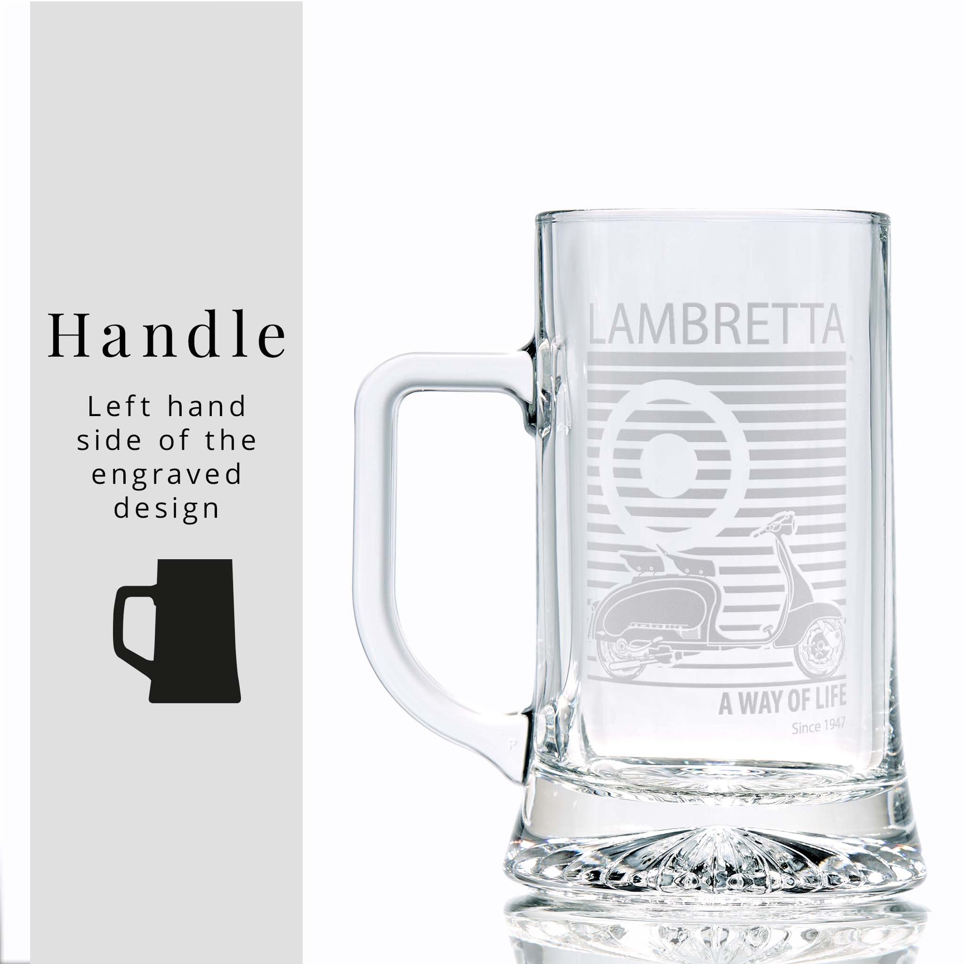 Glass tankard engraved with a classic Lambretta SX illustration and pinstriped mod target