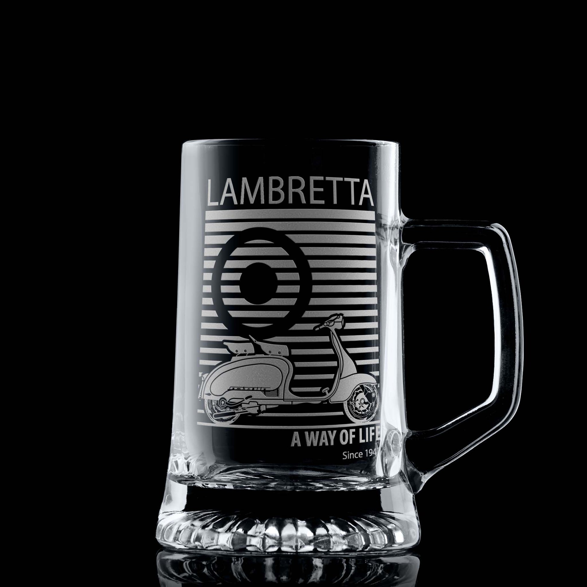Beer  tankard engraved with a classic Lambretta SX scooter illustration and pinstriped mod target