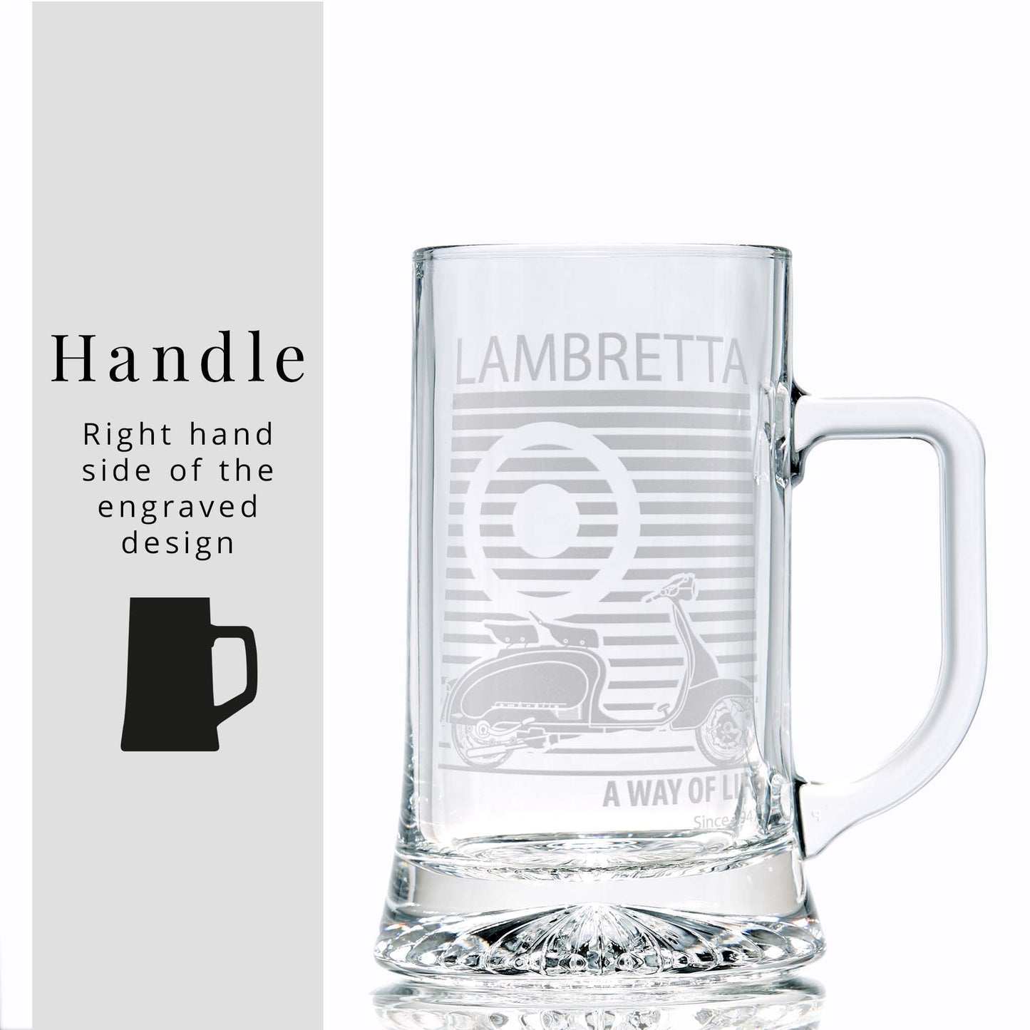 Glass tankard engraved with a classic Lambretta SX scooter illustration and pinstriped mod target