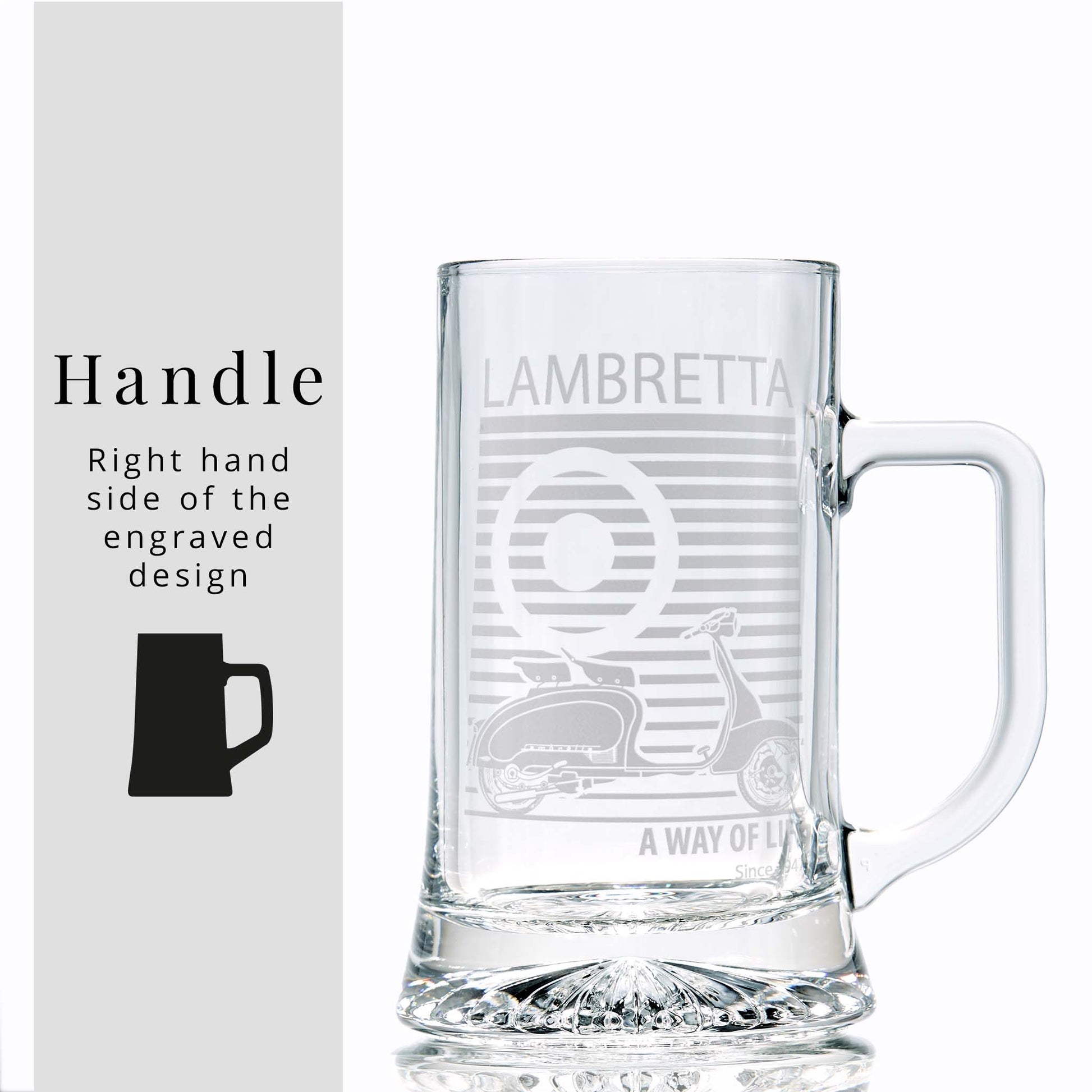 Glass tankard engraved with a classic Lambretta SX scooter illustration and pinstriped mod target
