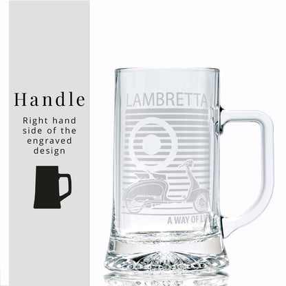 Glass tankard engraved with a classic Lambretta SX scooter illustration and pinstriped mod target