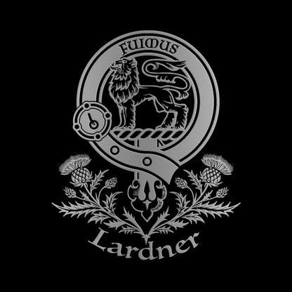 Engraved Lardner clan crest design — digital mock-up for reference; artwork engraved by Just The Ticket in our Fife studio
