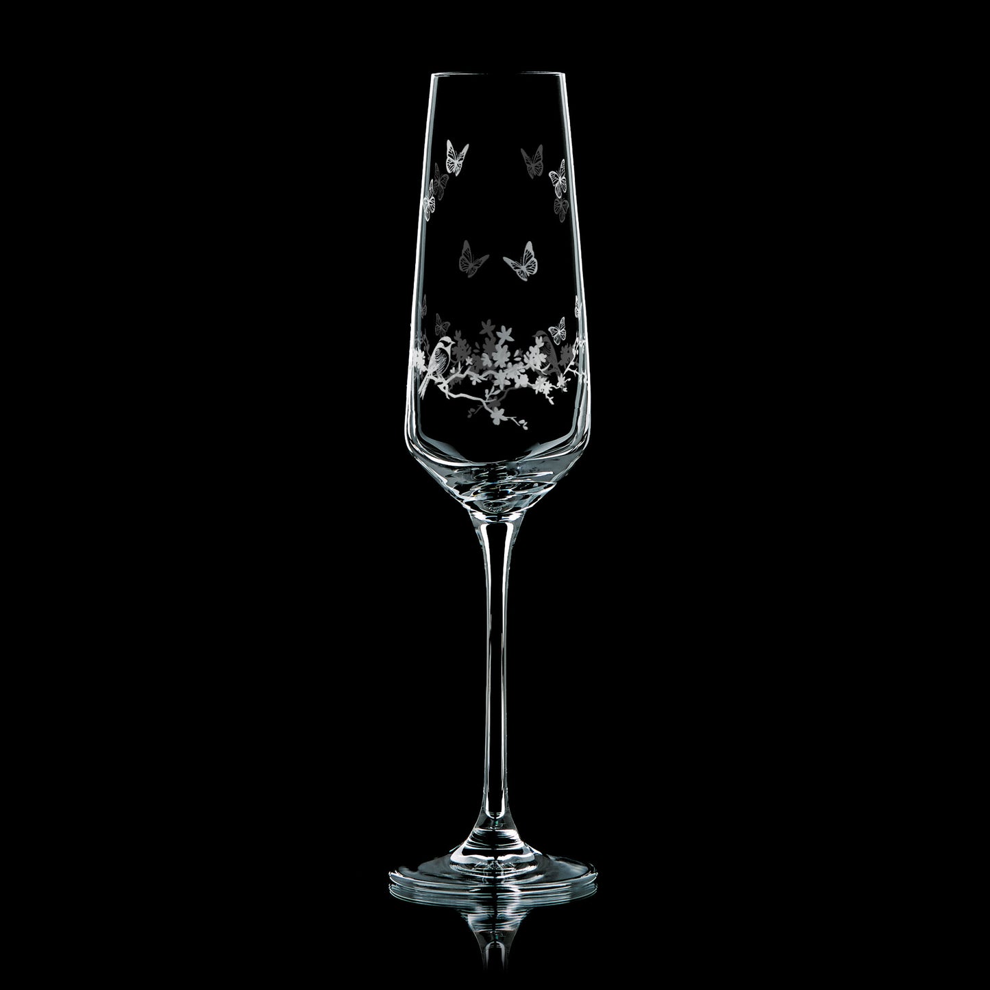 Le Jardin etched champagne flute with butterfly and floral design