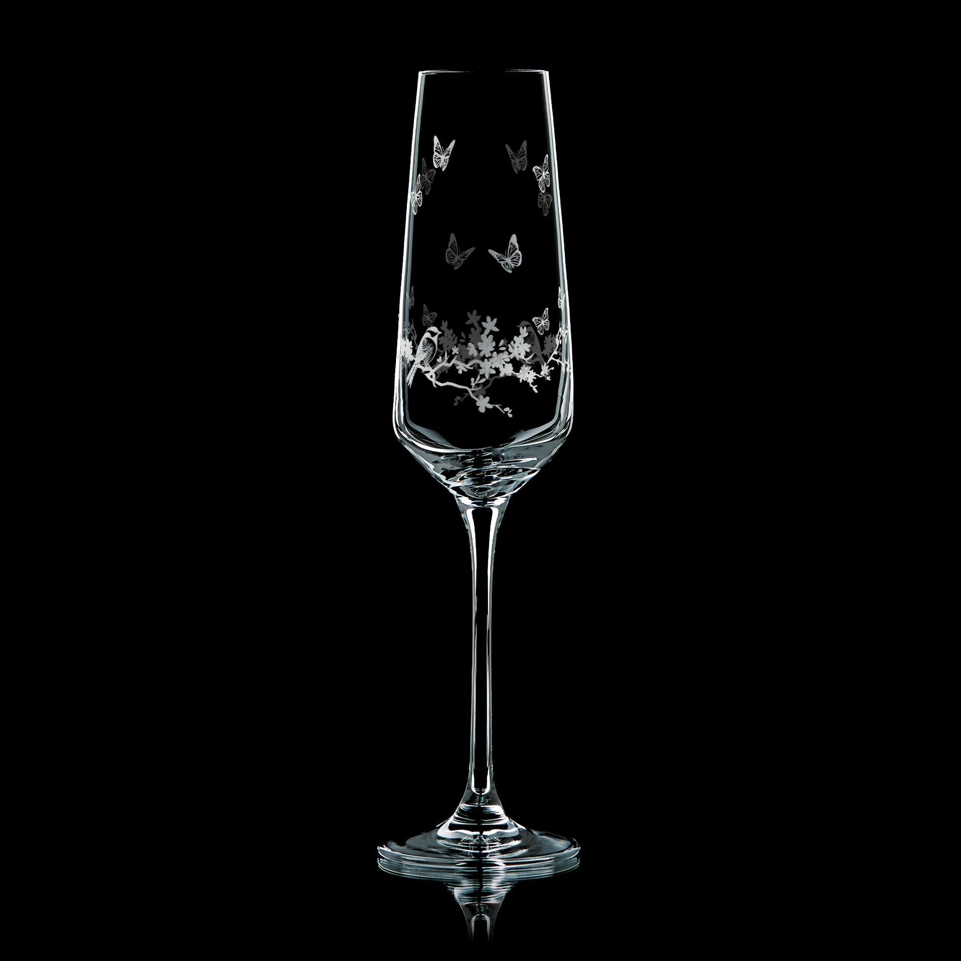 Le Jardin etched champagne flute with butterfly and floral design