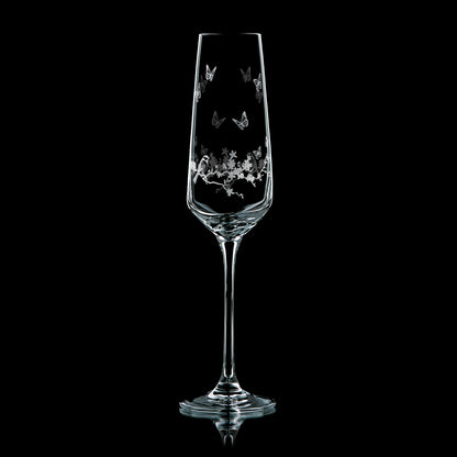 Le Jardin etched champagne flute with butterfly and floral design