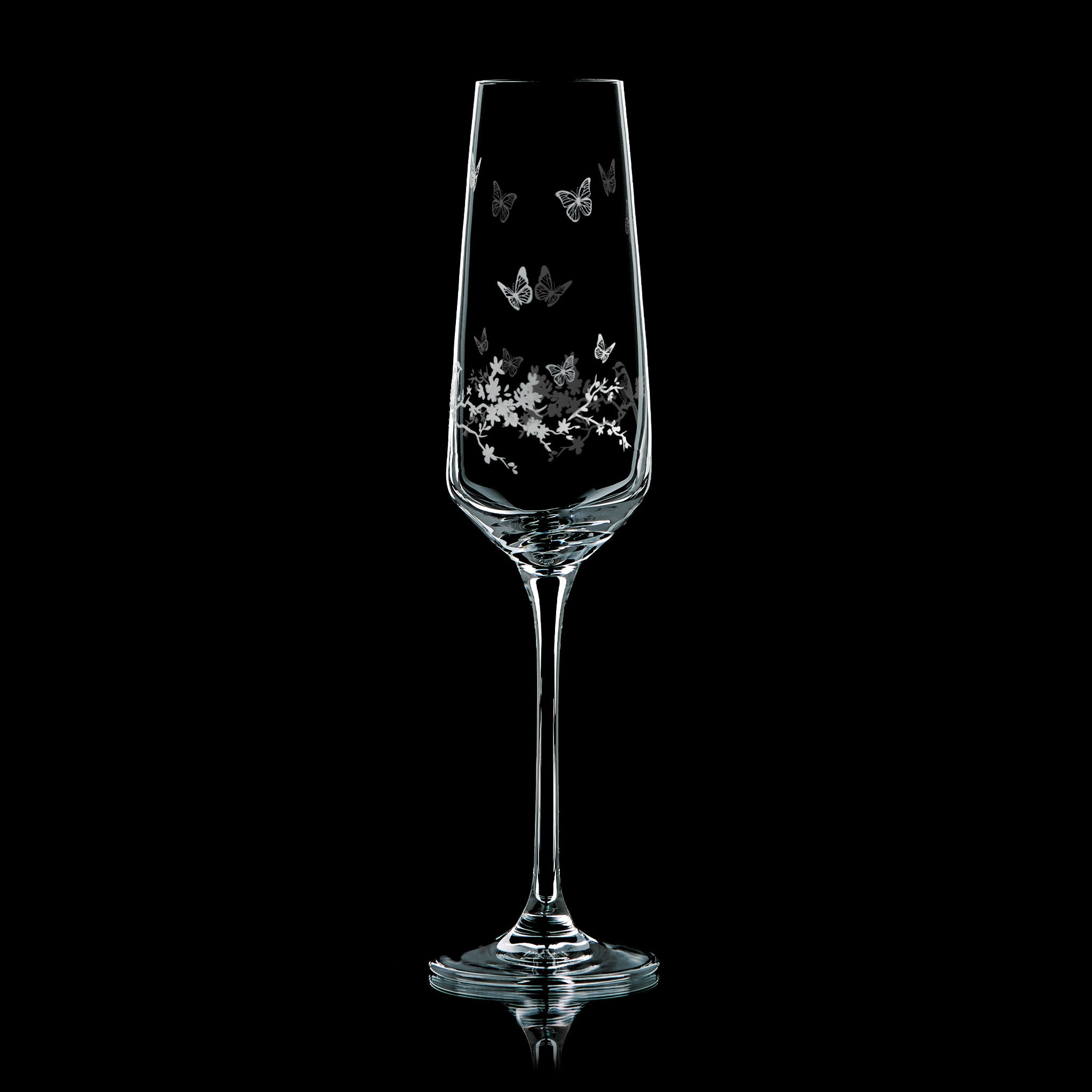 Front view of Le Jardin etched champagne flute with butterfly and floral design