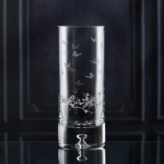 Le Jardin 20 cm bubble-base cylinder vase engraved with butterflies and floral design